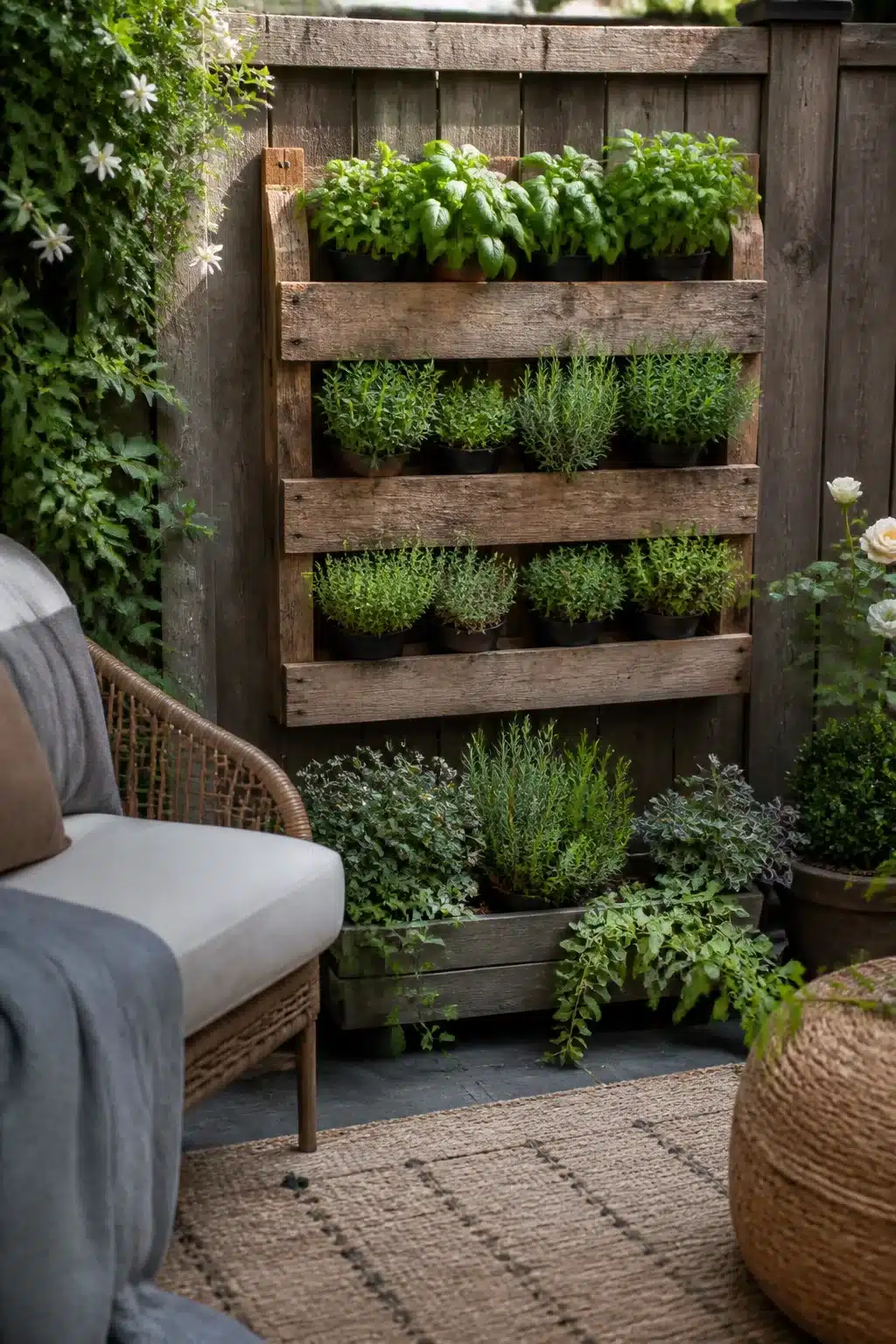 Reclaimed pallet herb wall mounted on backyard fence — a vertical backyard fence landscaping idea for small spaces.