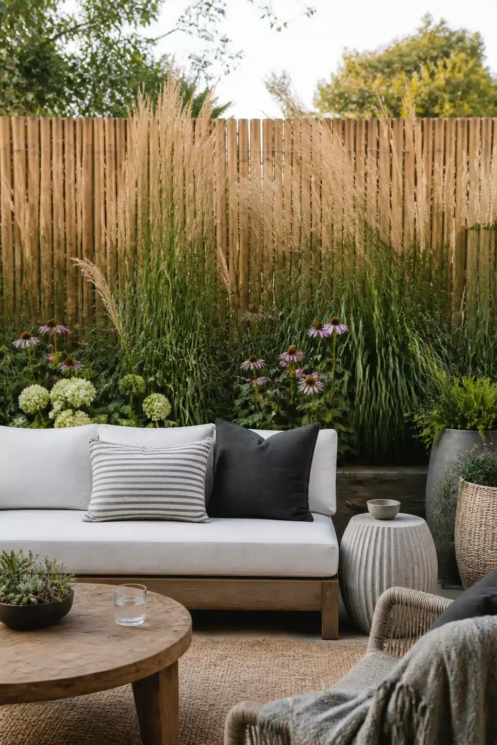 Bamboo fence backyard landscaping ideas with feather reed grass and coneflower border behind outdoor seating