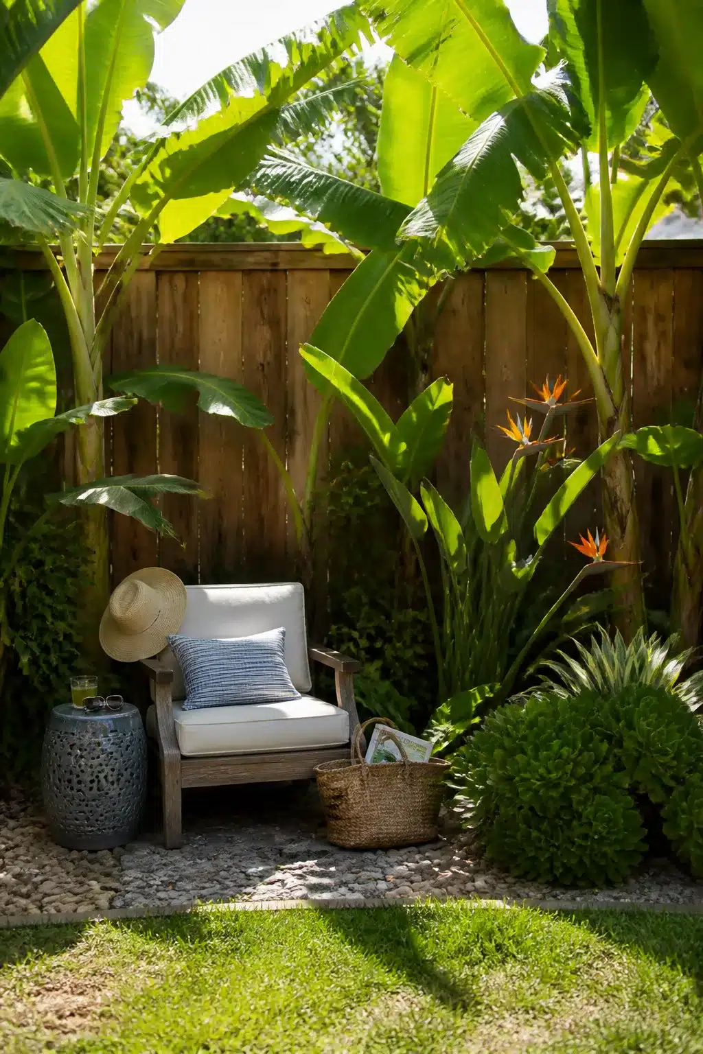 Backyard fence landscaping ideas with banana plants, bird of paradise blooms, and a gravel seating corner.