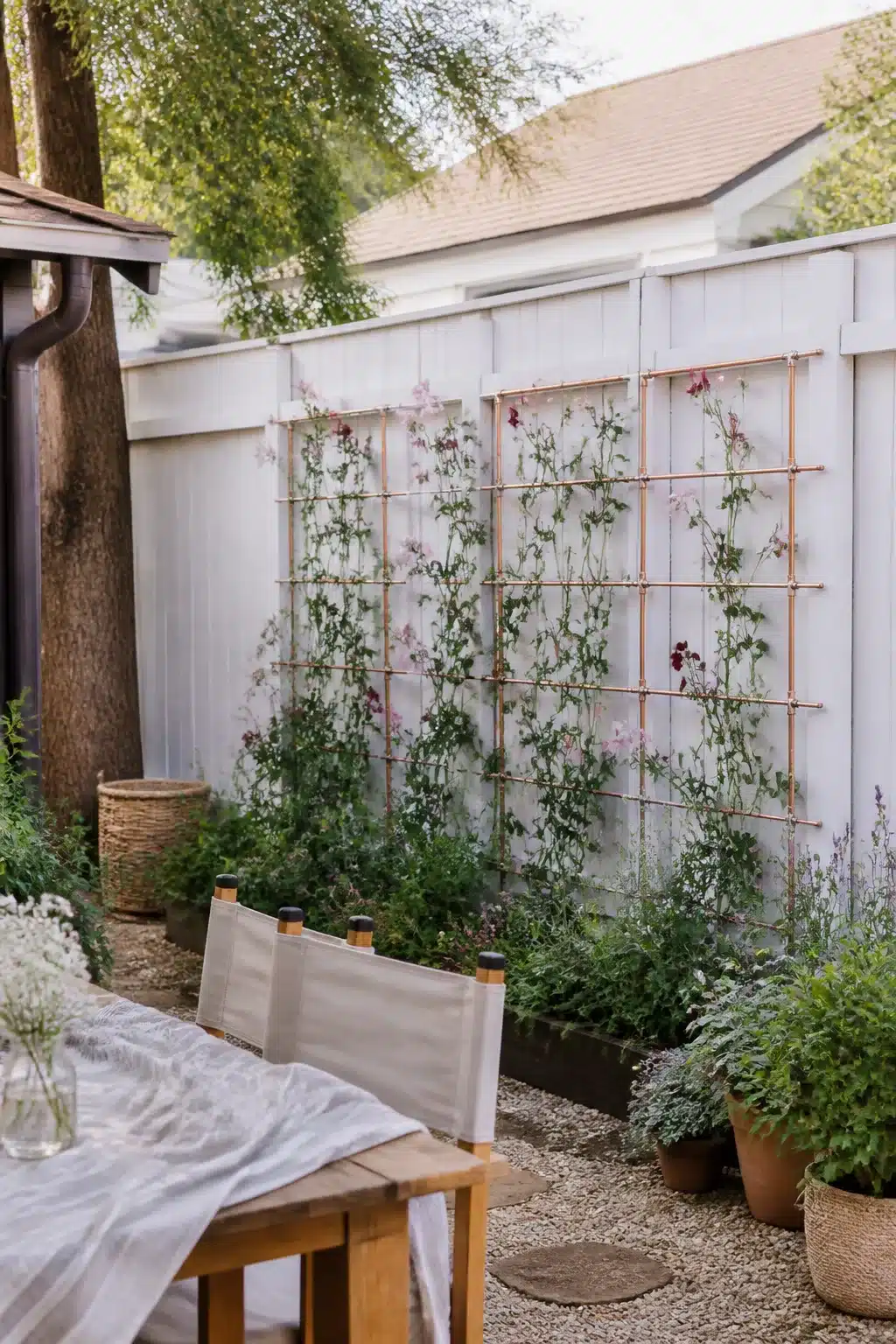 Copper pipe trellis with sweet peas climbing a white backyard fence — backyard fence landscaping ideas