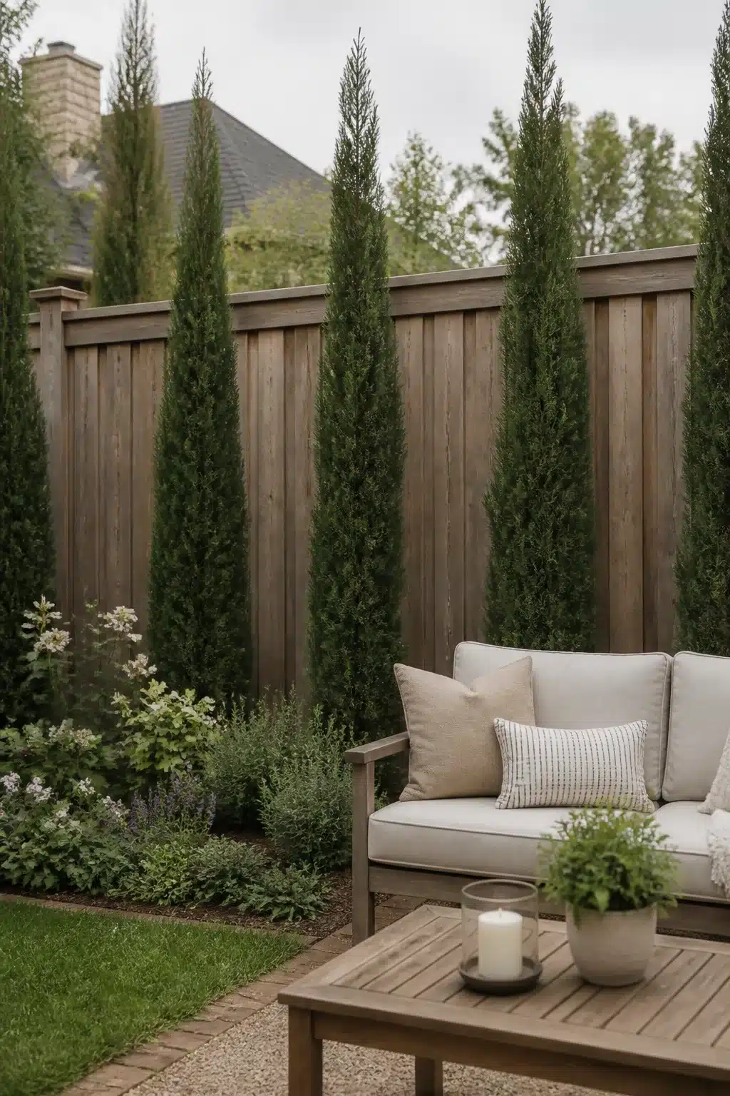 Columnar evergreen trees planted along a weathered wood fence — backyard fence landscaping ideas with layered perennials.