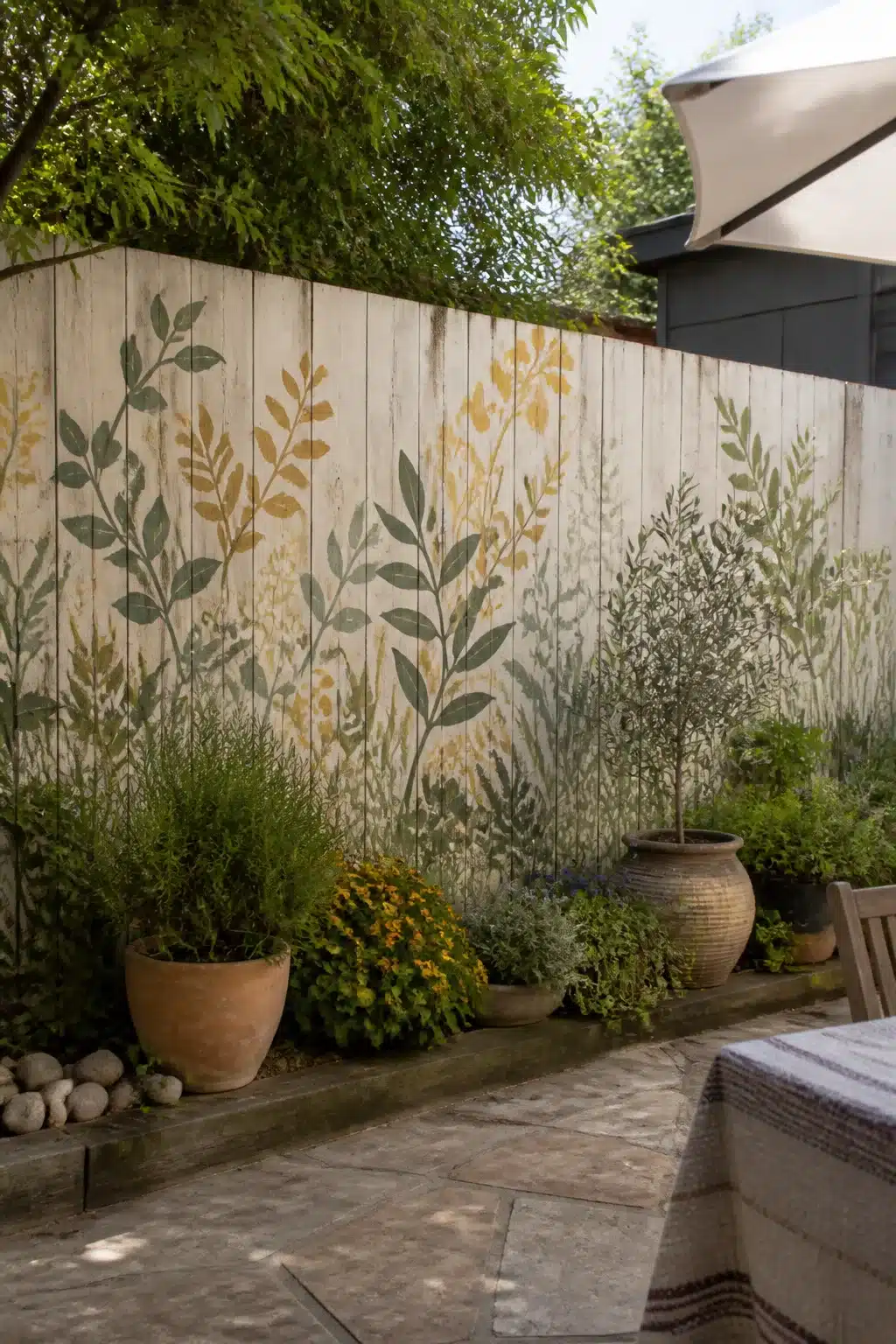 Backyard fence landscaping idea with a hand-painted botanical mural and layered terracotta pots and herbs below.