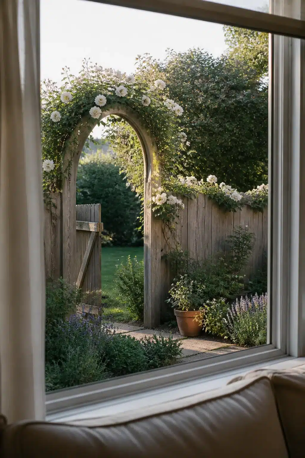 White rose arch over a weathered wood fence gate with lavender border — backyard fence landscaping ideas