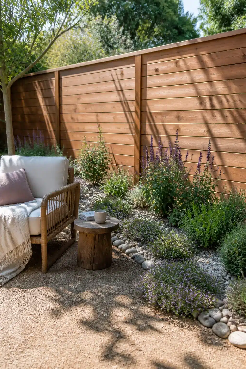 Backyard fence landscaping ideas with a xeriscape gravel border, salvia, and horizontal cedar fence panels.