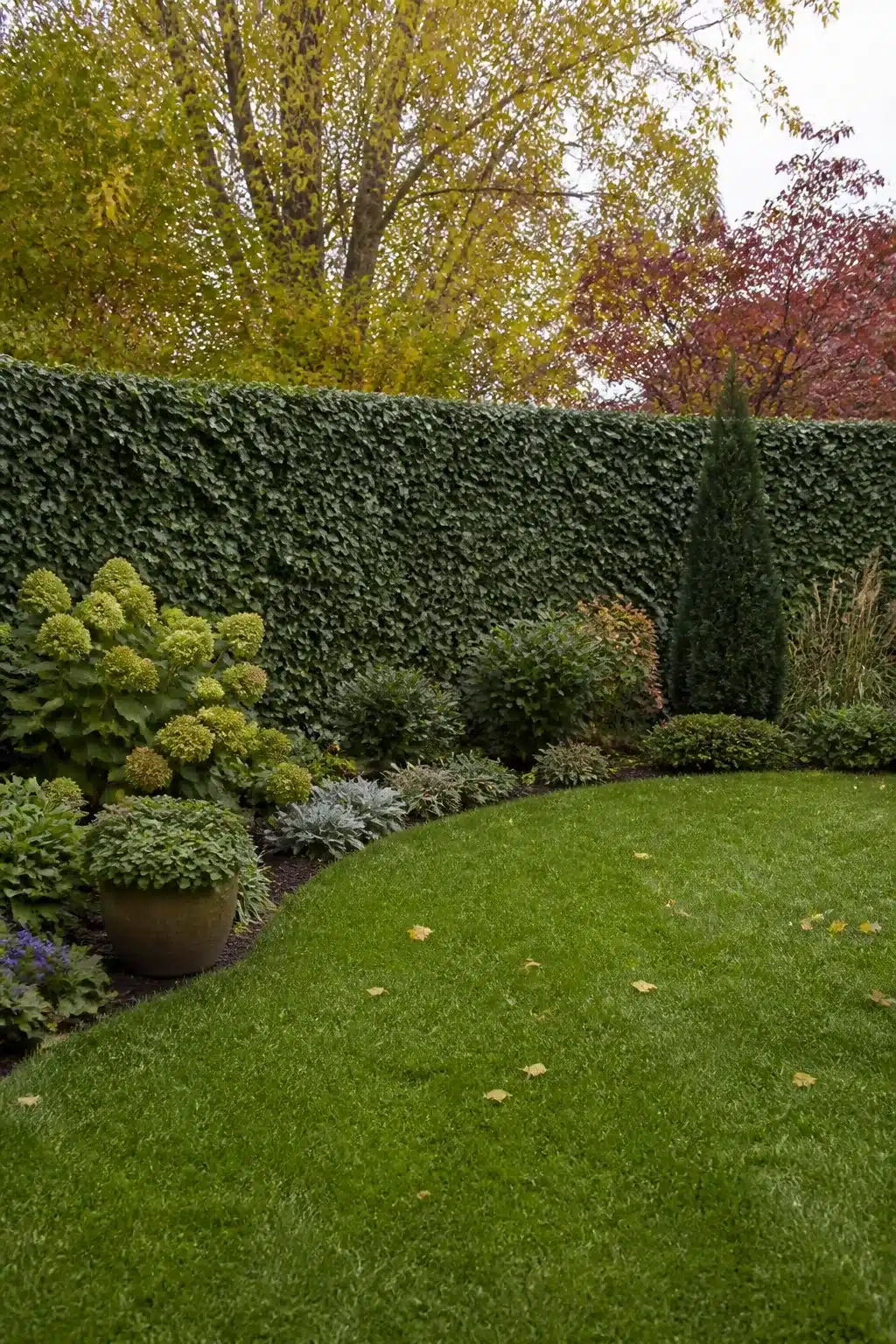 Backyard fence landscaping ideas with an ivy hedge wall, layered shrub border, and curved lawn edge.