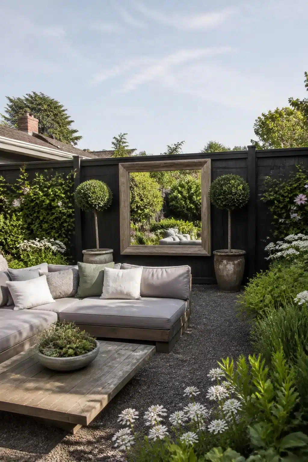 Dark fence with large mirror panel, lollipop topiary urns and white perennials — backyard fence landscaping ideas