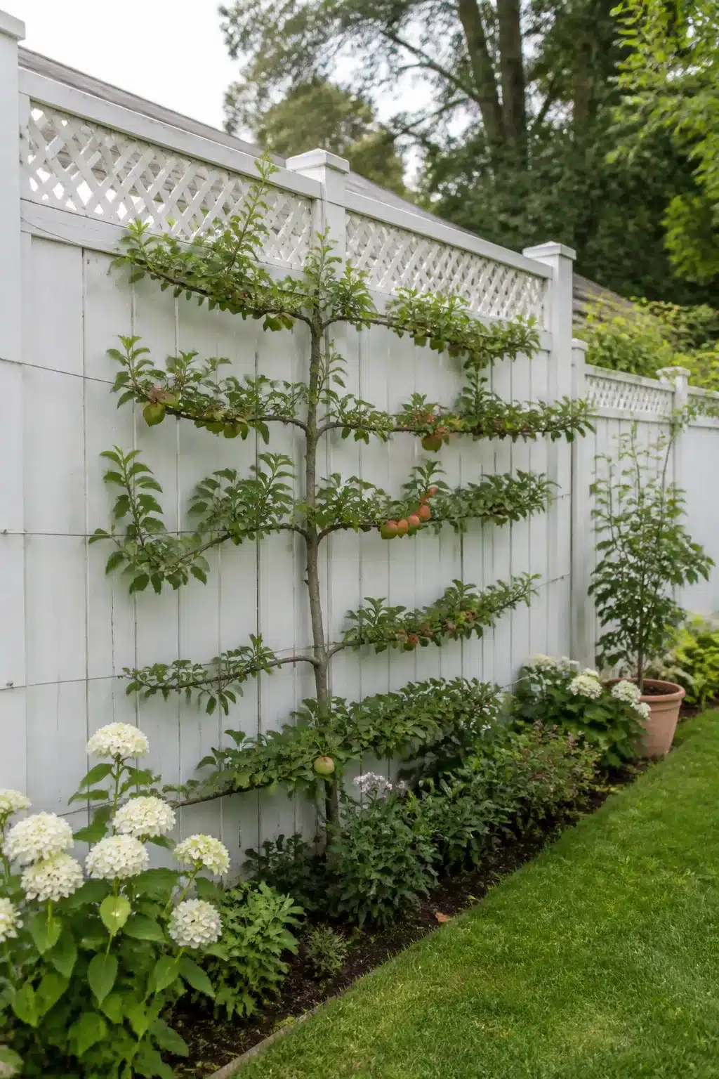 Espalier apple tree trained against a white vinyl fence with hydrangeas — backyard fence landscaping ideas
