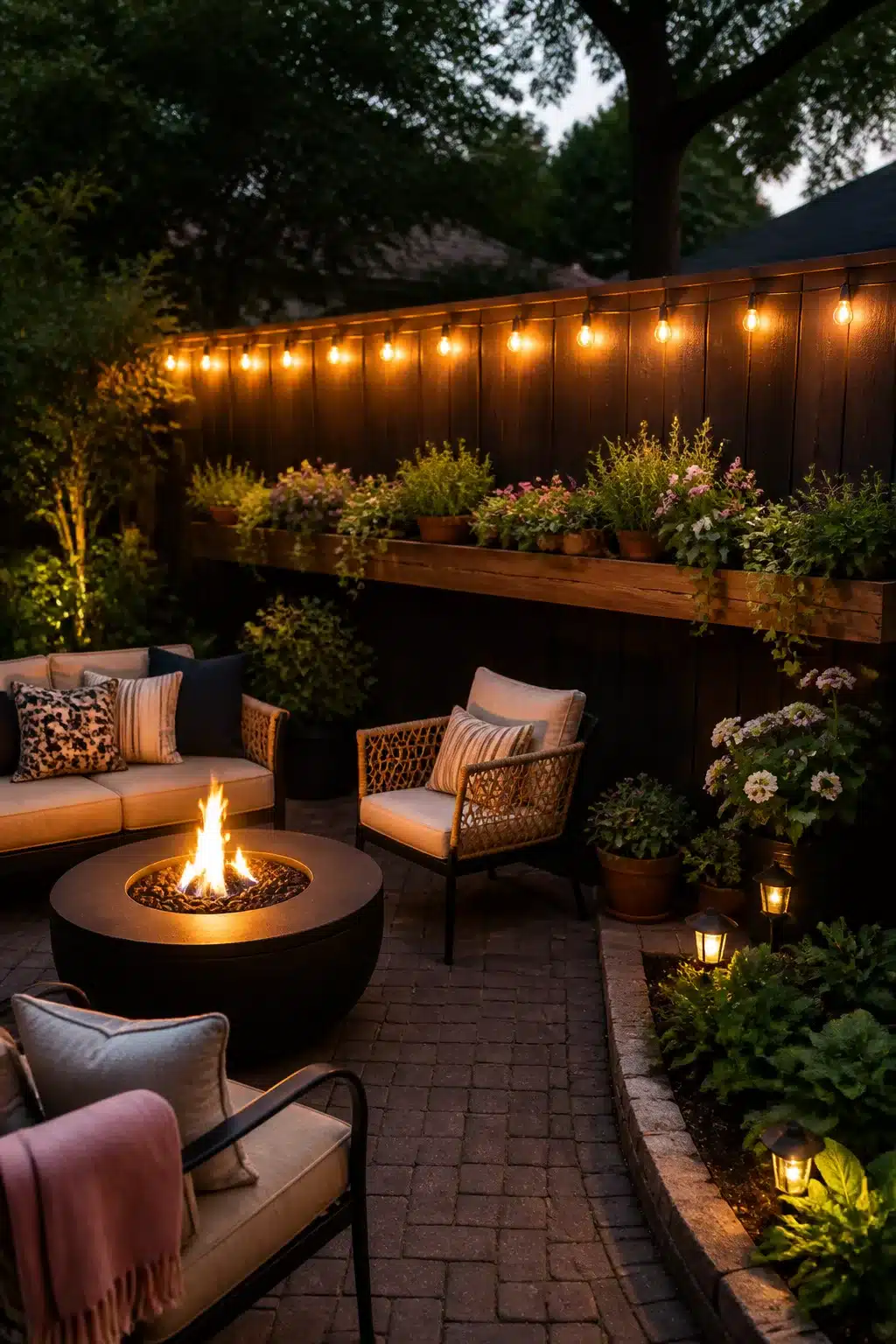 Backyard fence landscaping idea with Edison string lights, built-in planter rail, and fire pit seating on brick patio.