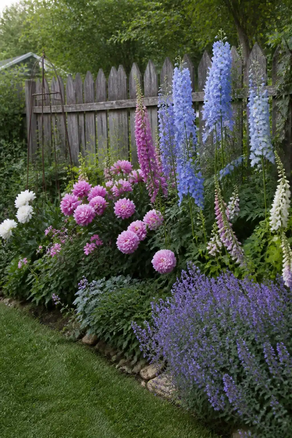 Cottage garden deep border with delphiniums, dahlias and catmint — backyard fence landscaping ideas