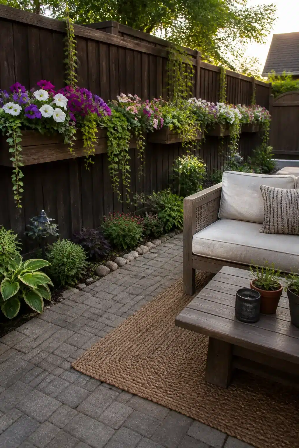 Backyard fence landscaping ideas with cedar planter boxes, trailing petunias, and a layered garden border below.