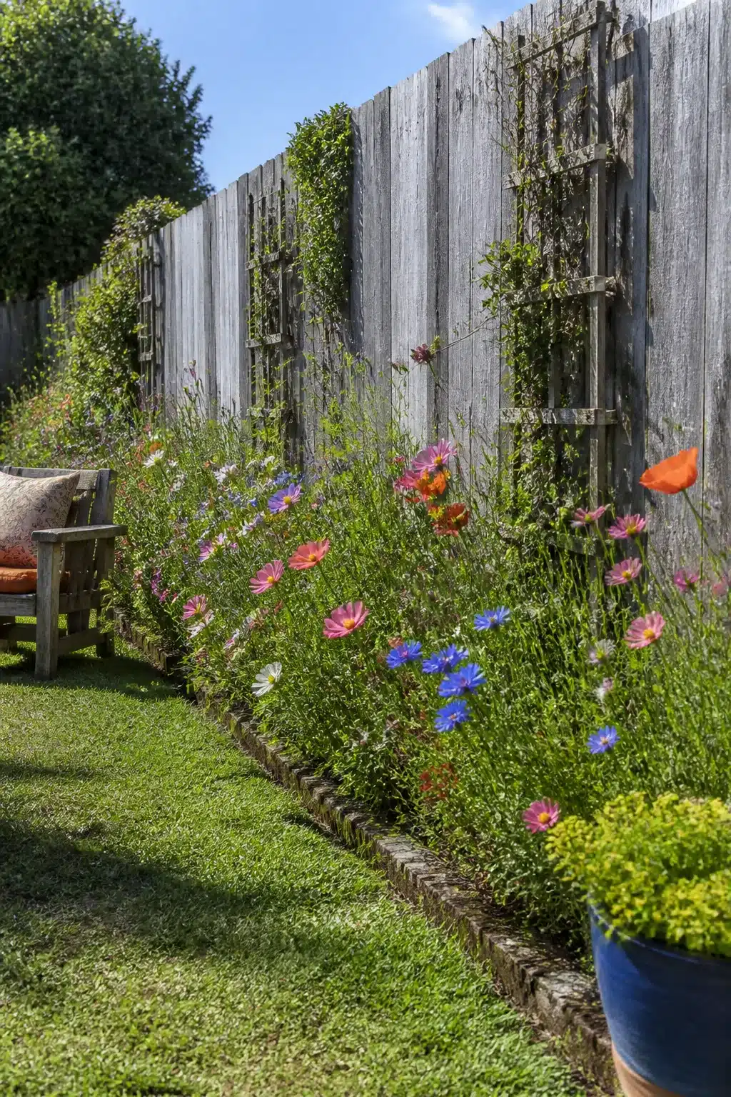 Wildflower strip with cosmos and cornflowers along a weathered wood fence — backyard fence landscaping ideas