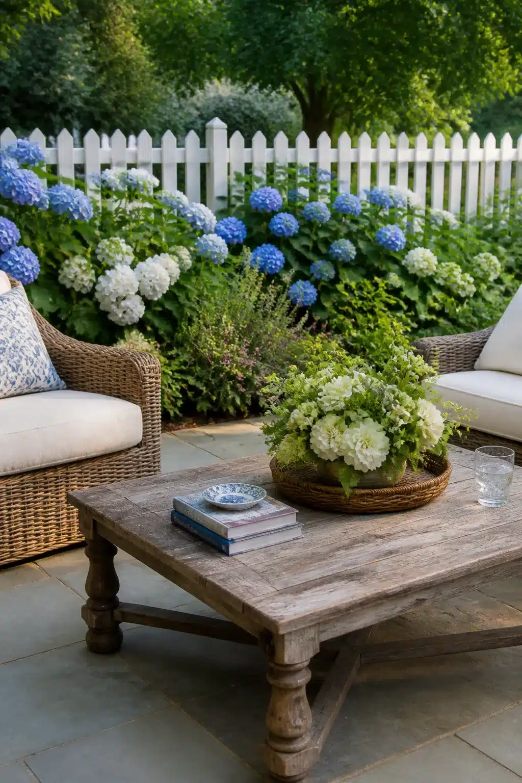 Blue and white hydrangeas planted along a white picket fence — backyard fence landscaping ideas for a cottage garden.