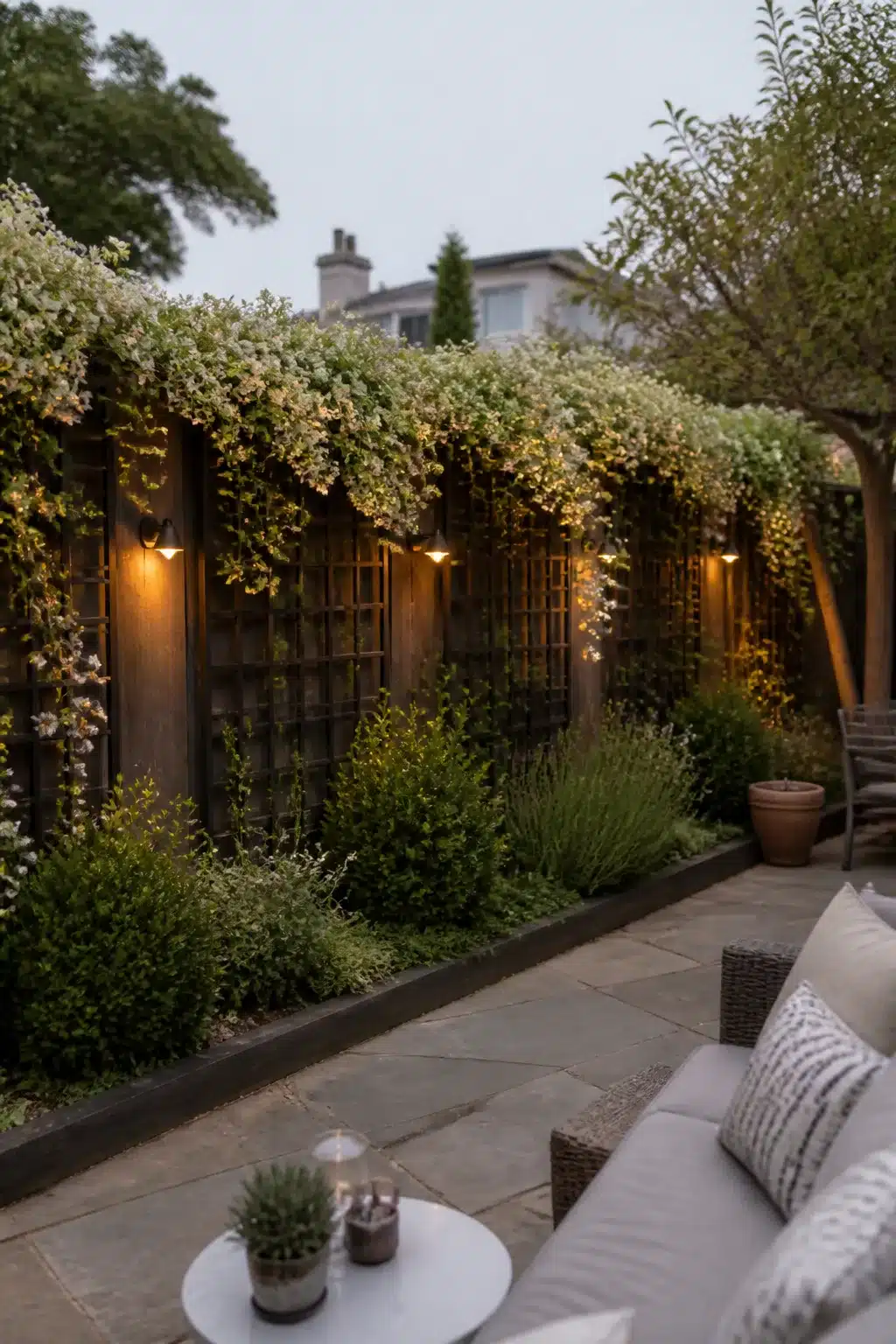Backyard fence landscaping ideas with jasmine-covered dark trellis panels and warm uplighting at dusk