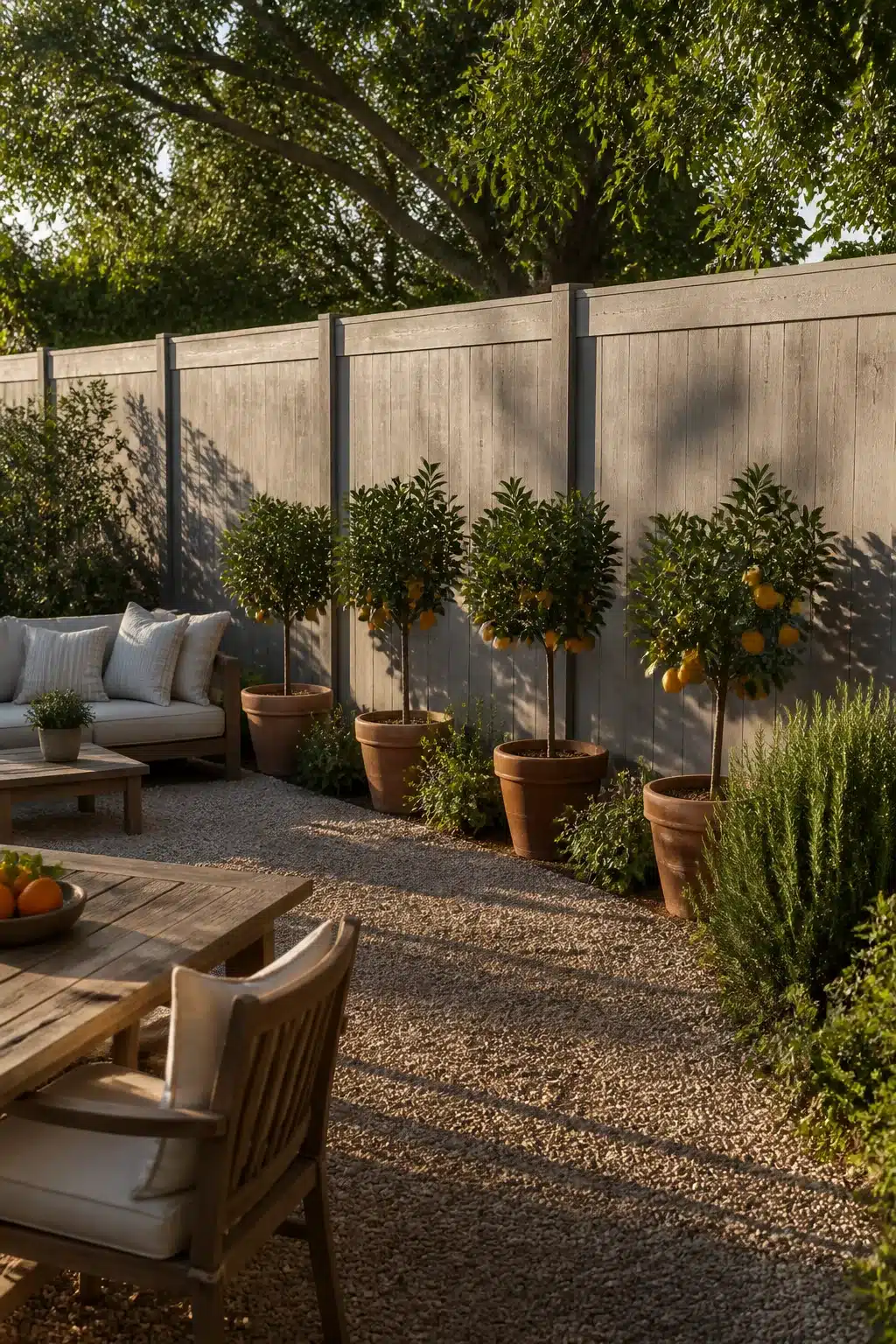 Backyard fence landscaping idea with terracotta potted citrus trees lined up against a tall gray wood fence