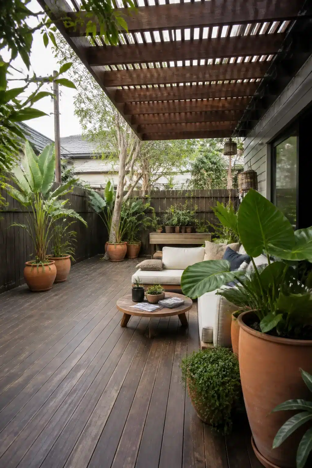 Dark timber deck backyard ideas with no grass, oversized tropical potted plants under a wood pergola