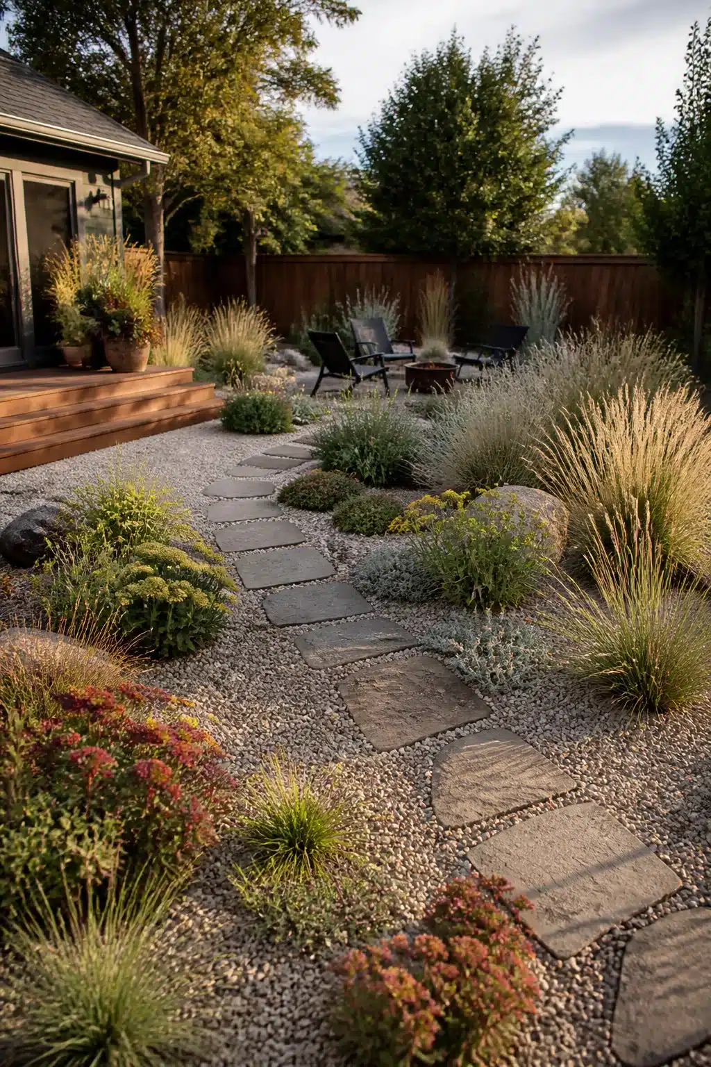 Pea gravel backyard landscaping design with flagstone path, ornamental grasses, and sedum ground cover.