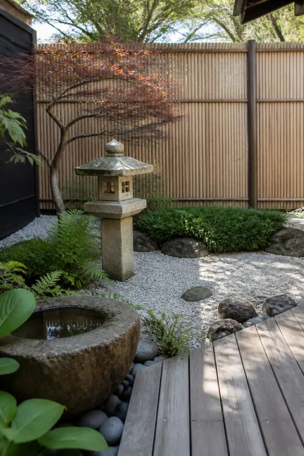 Japanese-inspired backyard landscaping design with raked gravel, stone lantern, maple tree, and timber fence