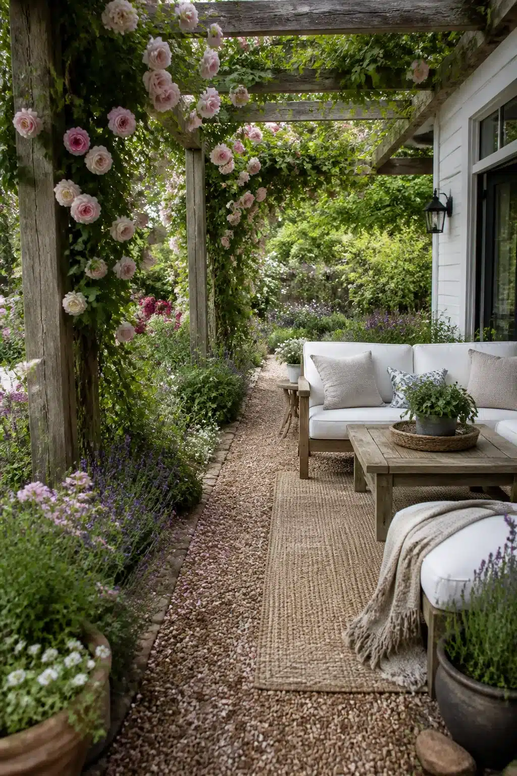 Backyard landscaping design with a wood pergola covered in pink climbing roses and a cozy outdoor seating area