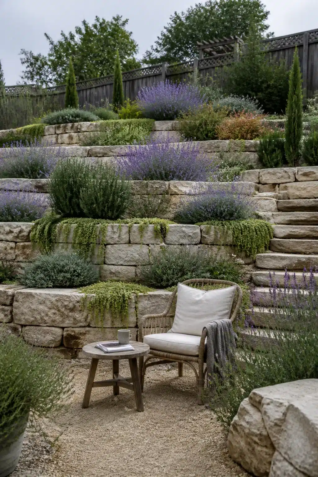 Sloped backyard landscaping design with limestone terraced retaining walls, lavender, and gravel seating area.