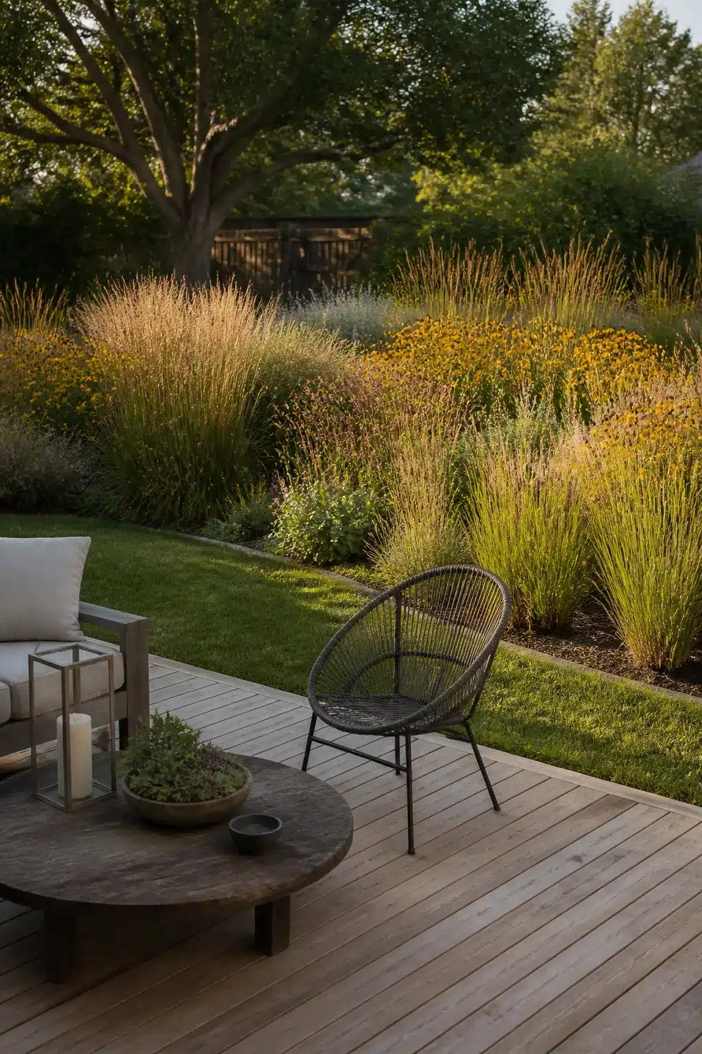 Backyard landscaping design with prairie grasses, yellow rudbeckia borders, and a wood deck patio at dusk.