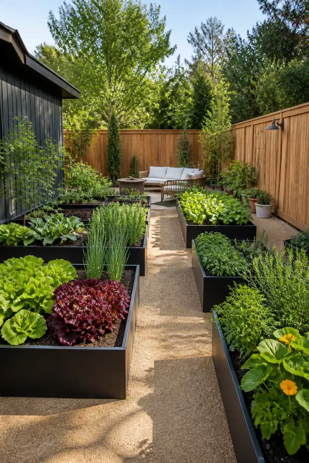 Black steel raised beds with gravel path backyard landscaping design featuring edible plants and herbs