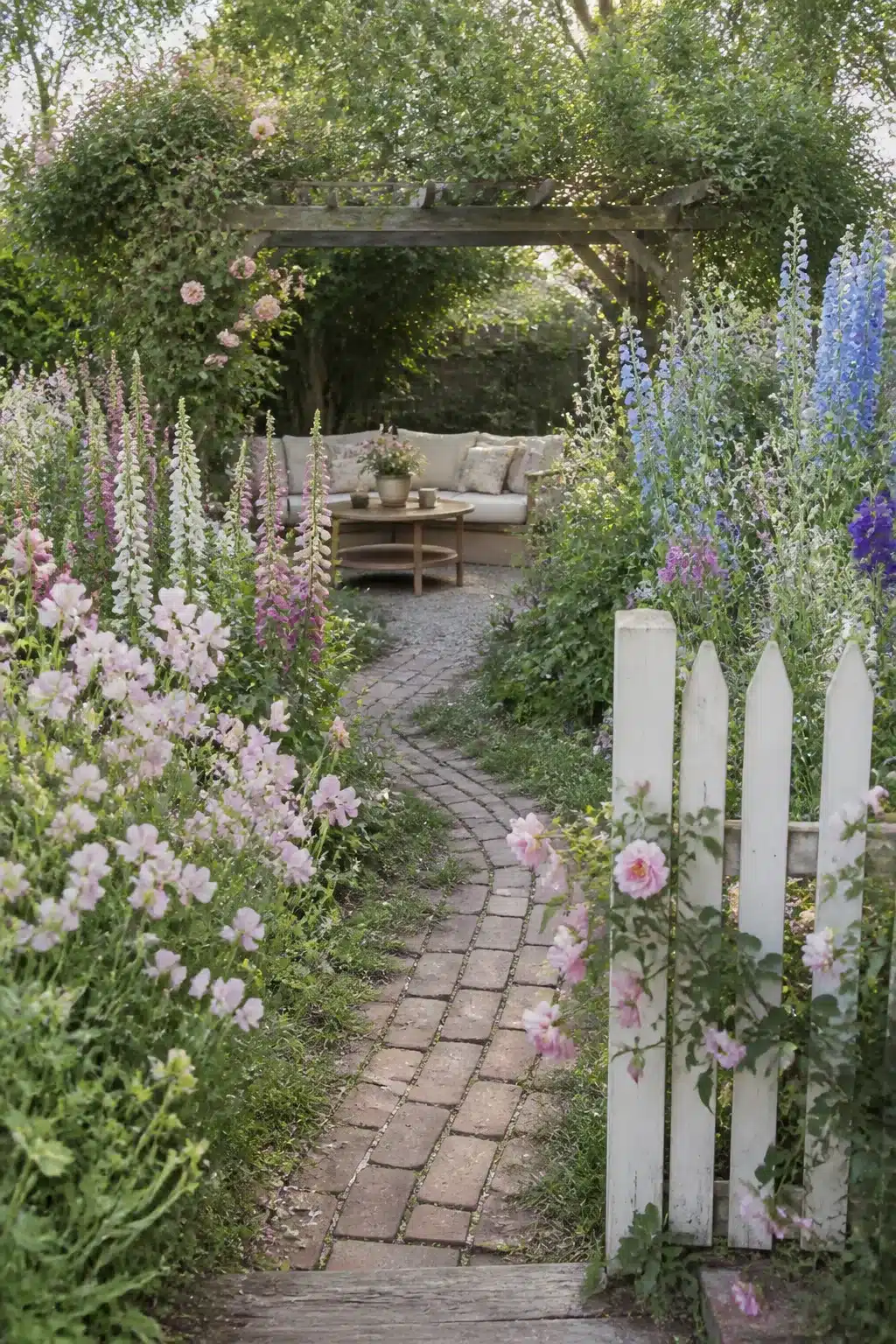 White picket gate opening to a brick path cottage backyard landscaping design with foxgloves and delphiniums.