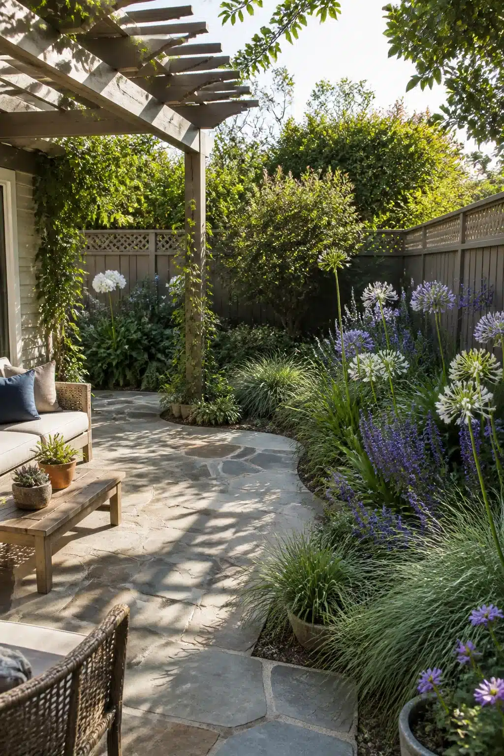 Bluestone patio with agapanthus and salvia borders — backyard landscaping design with pergola and curved planting.