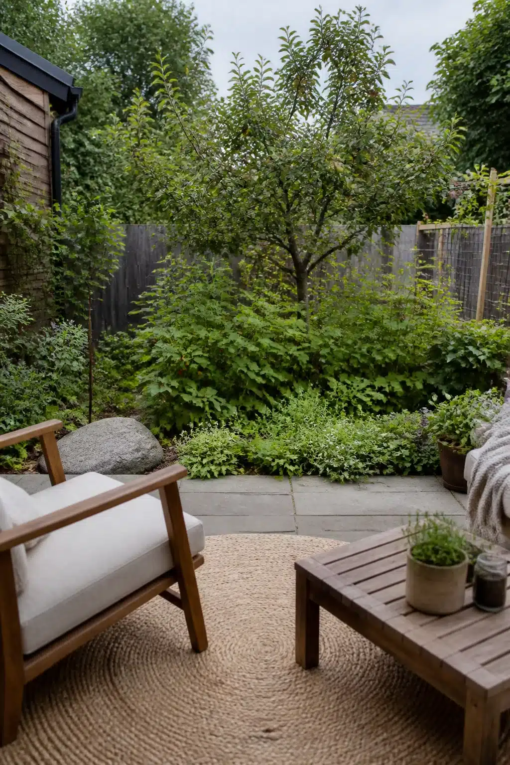 Small backyard landscaping design with fruit tree understory planting, slate patio, jute rug, and wood outdoor seating.