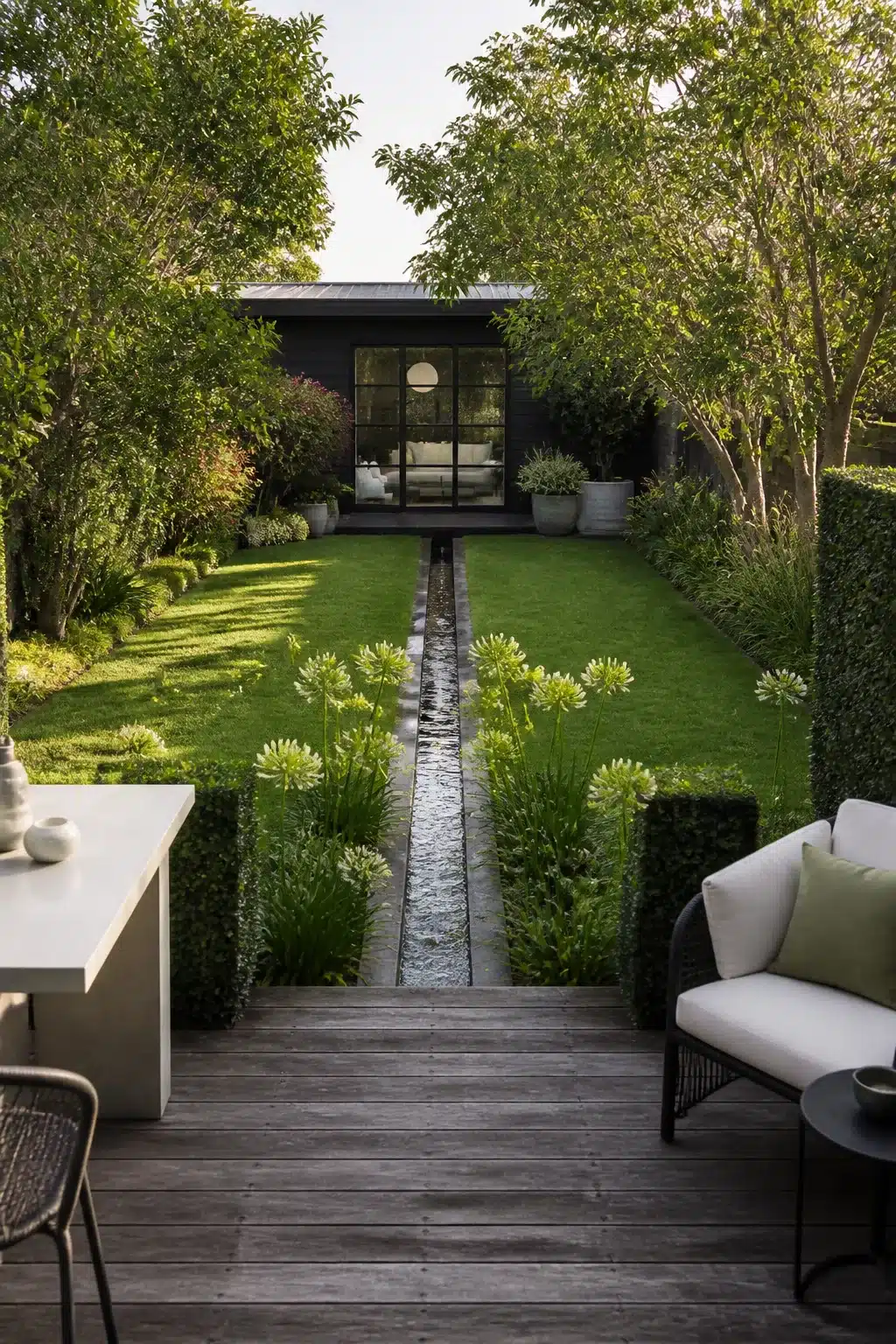 Contemporary backyard landscaping design with a central rill water feature, clipped hedges, green lawn, and black garden studio.