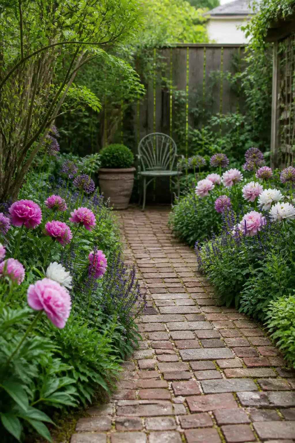 Herringbone brick pathway through lush peony and salvia borders — backyard landscaping design idea