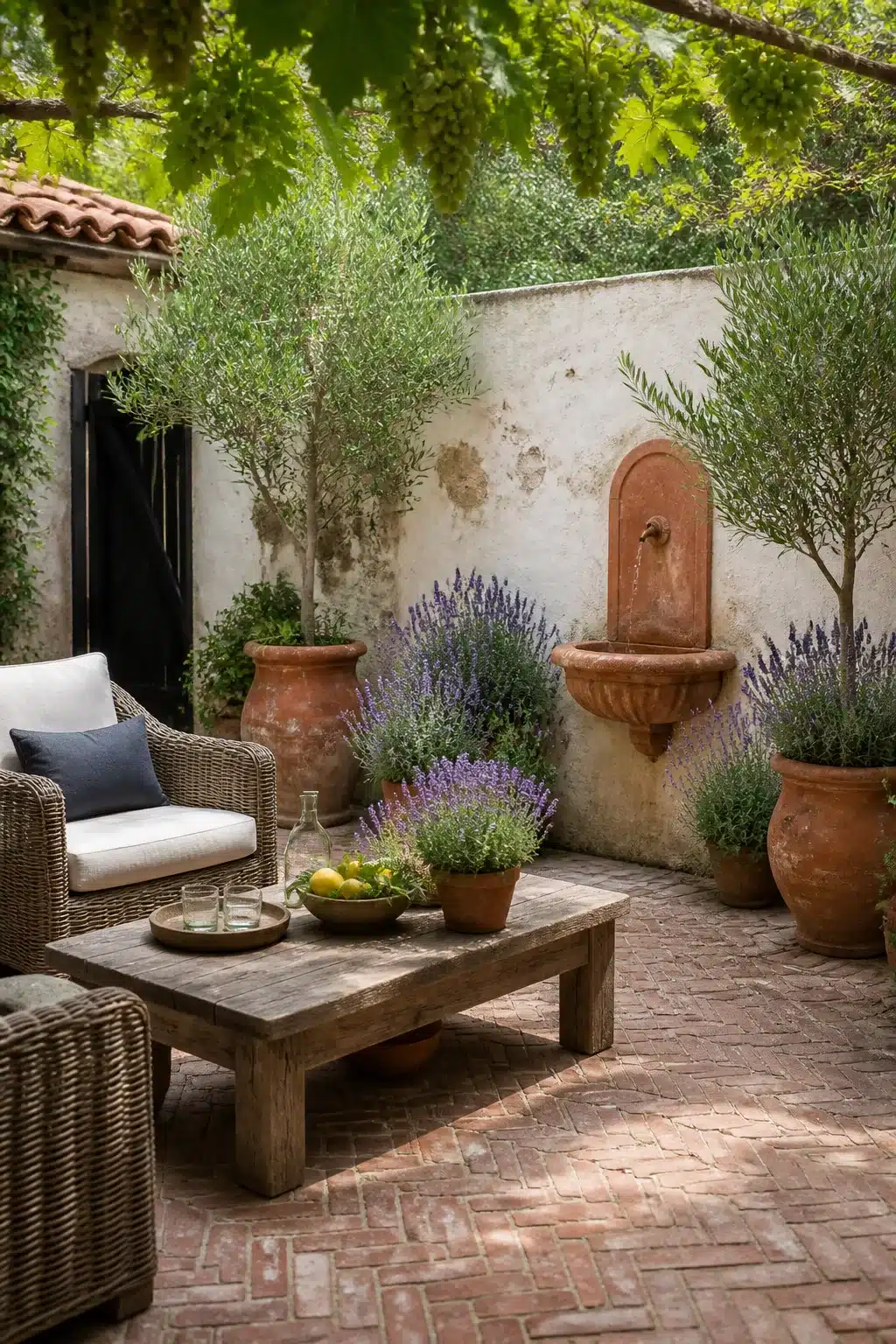 Mediterranean courtyard backyard landscaping design with terracotta fountain, olive trees, lavender urns and herringbone brick patio.