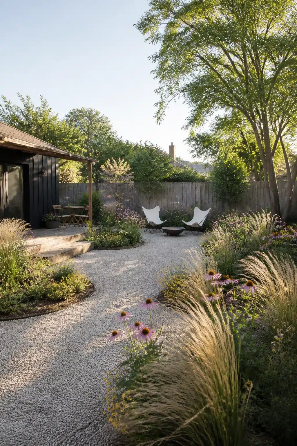 Lawn-free backyard landscaping design with crushed stone paths, echinacea drifts, and butterfly chairs around a fire bowl.