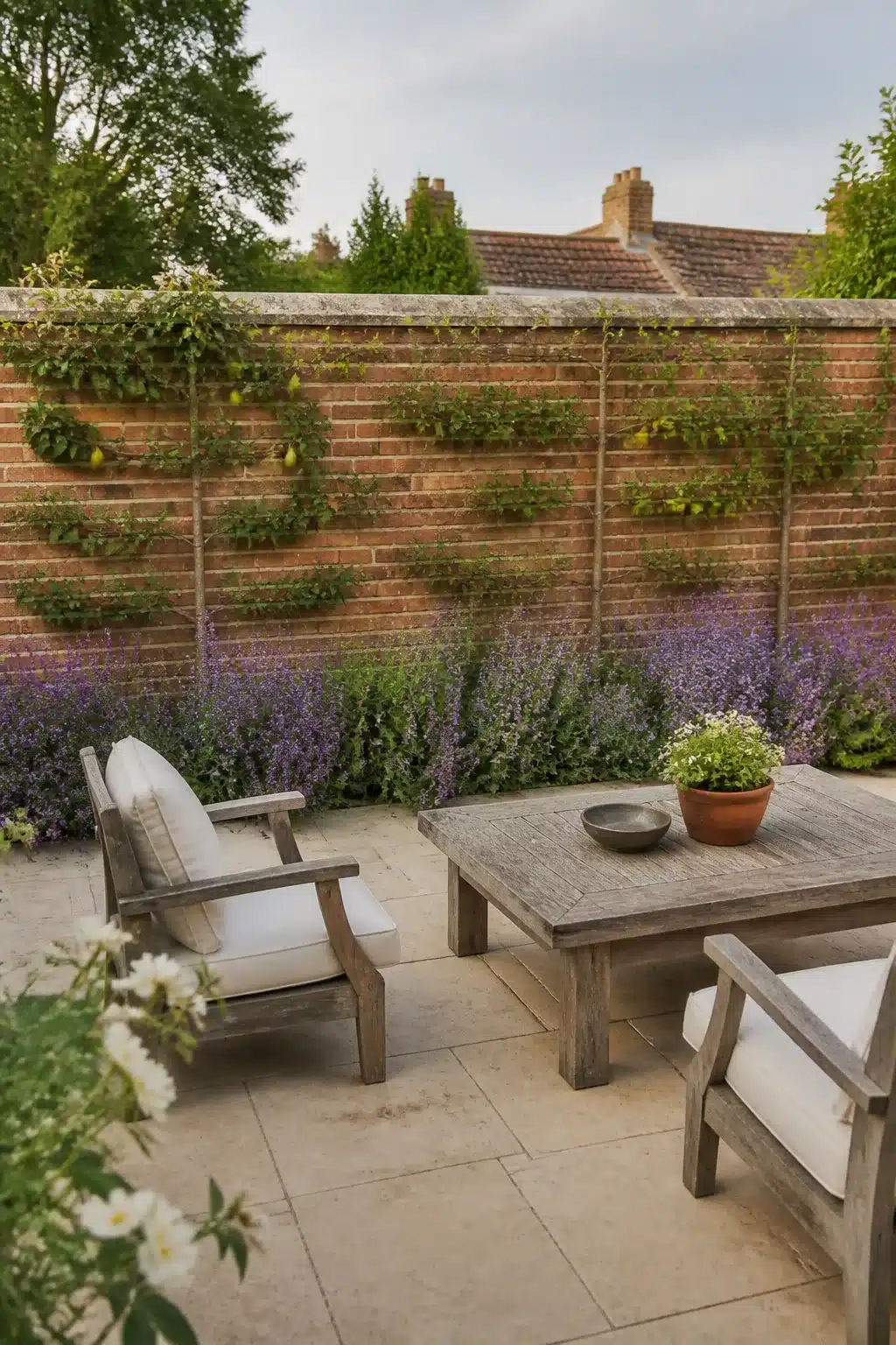 Walled backyard landscaping design with espalier fruit trees, catmint border, and teak seating on limestone paving.