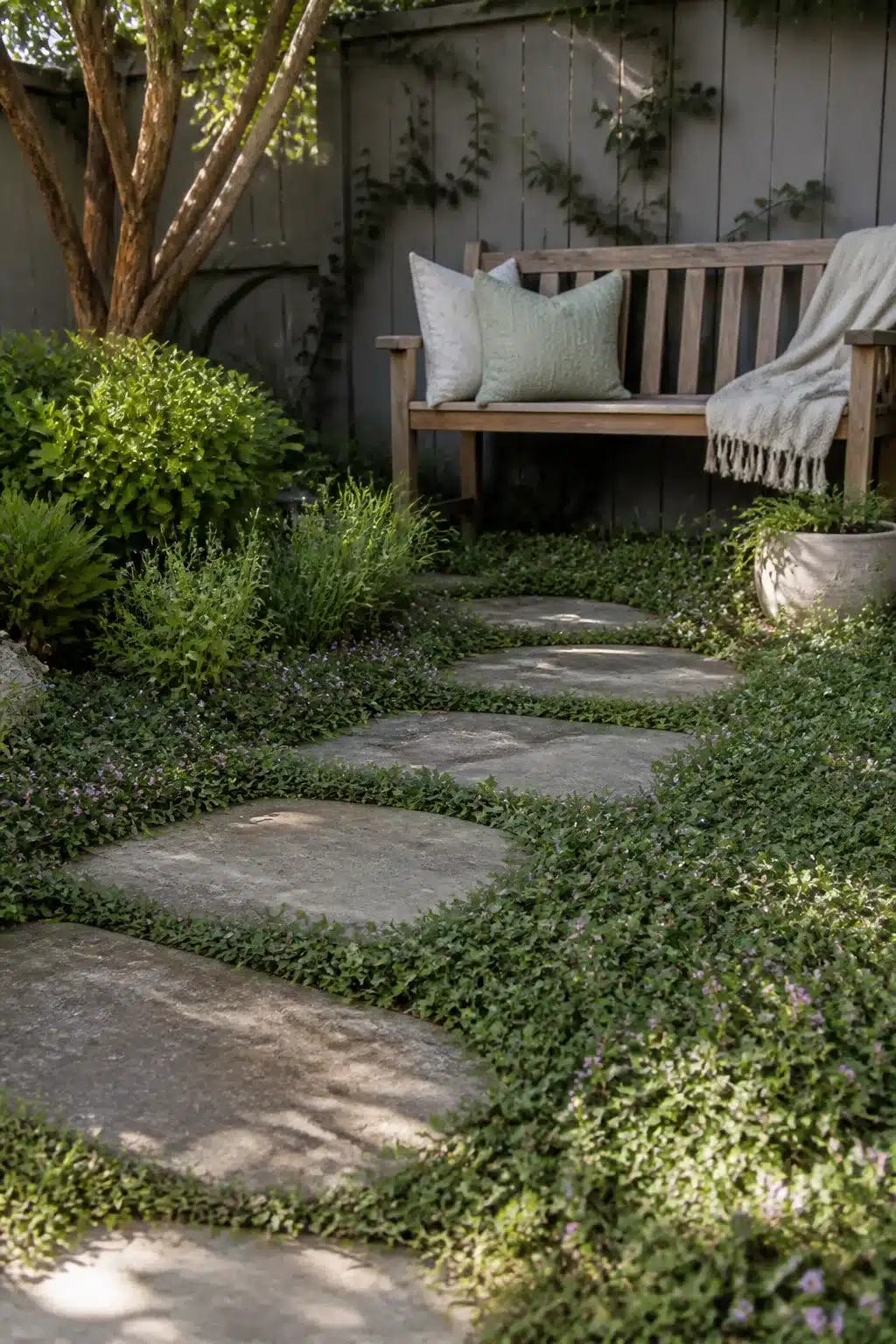 Flagstone stepping stones through creeping ground cover in a lush backyard landscaping design with teak bench