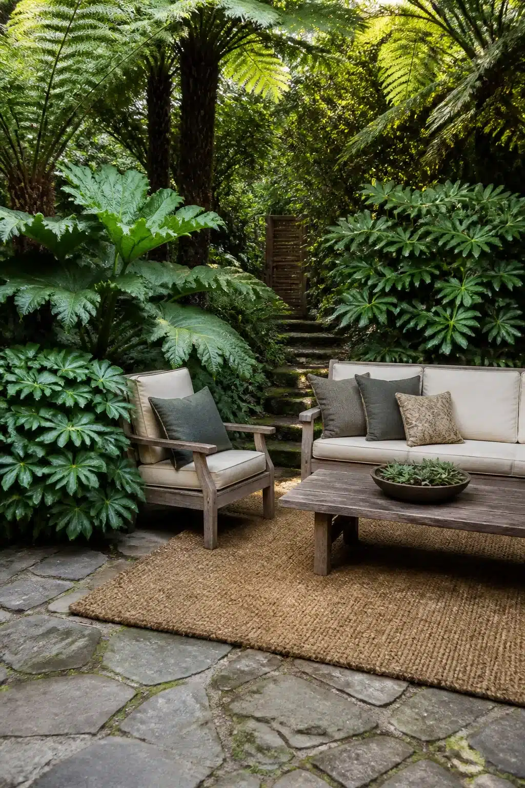 Tropical fern and foliage backyard landscaping design with stone patio seating, jute rug, and layered greenery