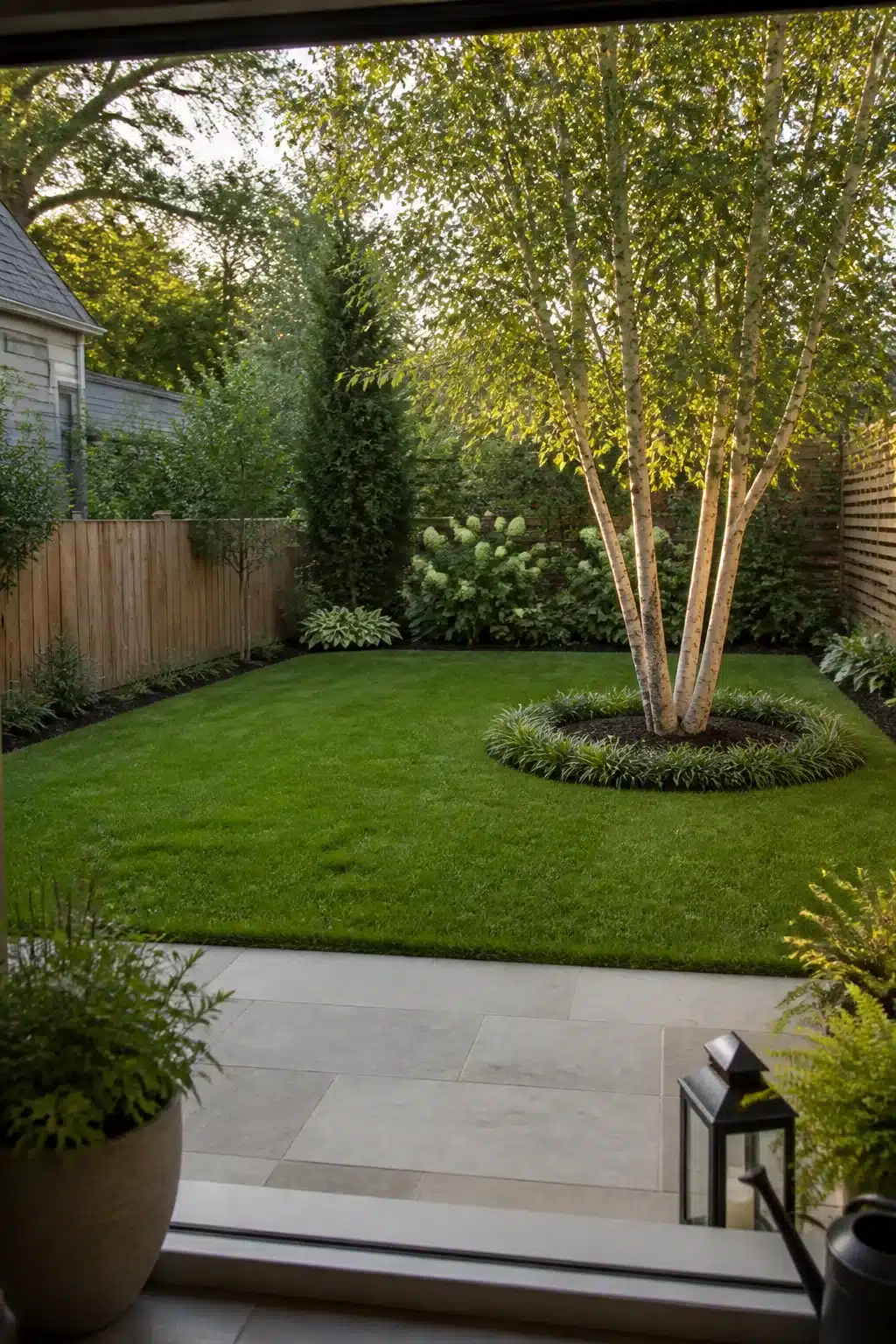 Multi-stem birch tree in circular lawn bed — modern backyard landscaping design with stone patio and layered borders