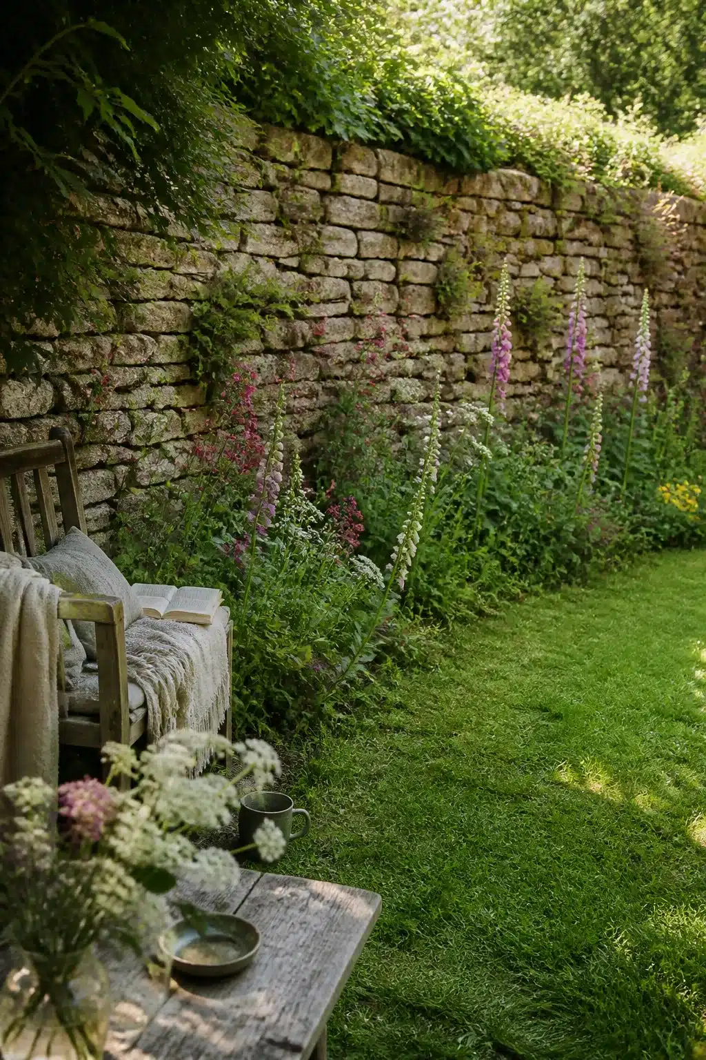 Foxglove border and dry-stack stone wall backyard landscaping design with mossy lawn and wooden bench seating.