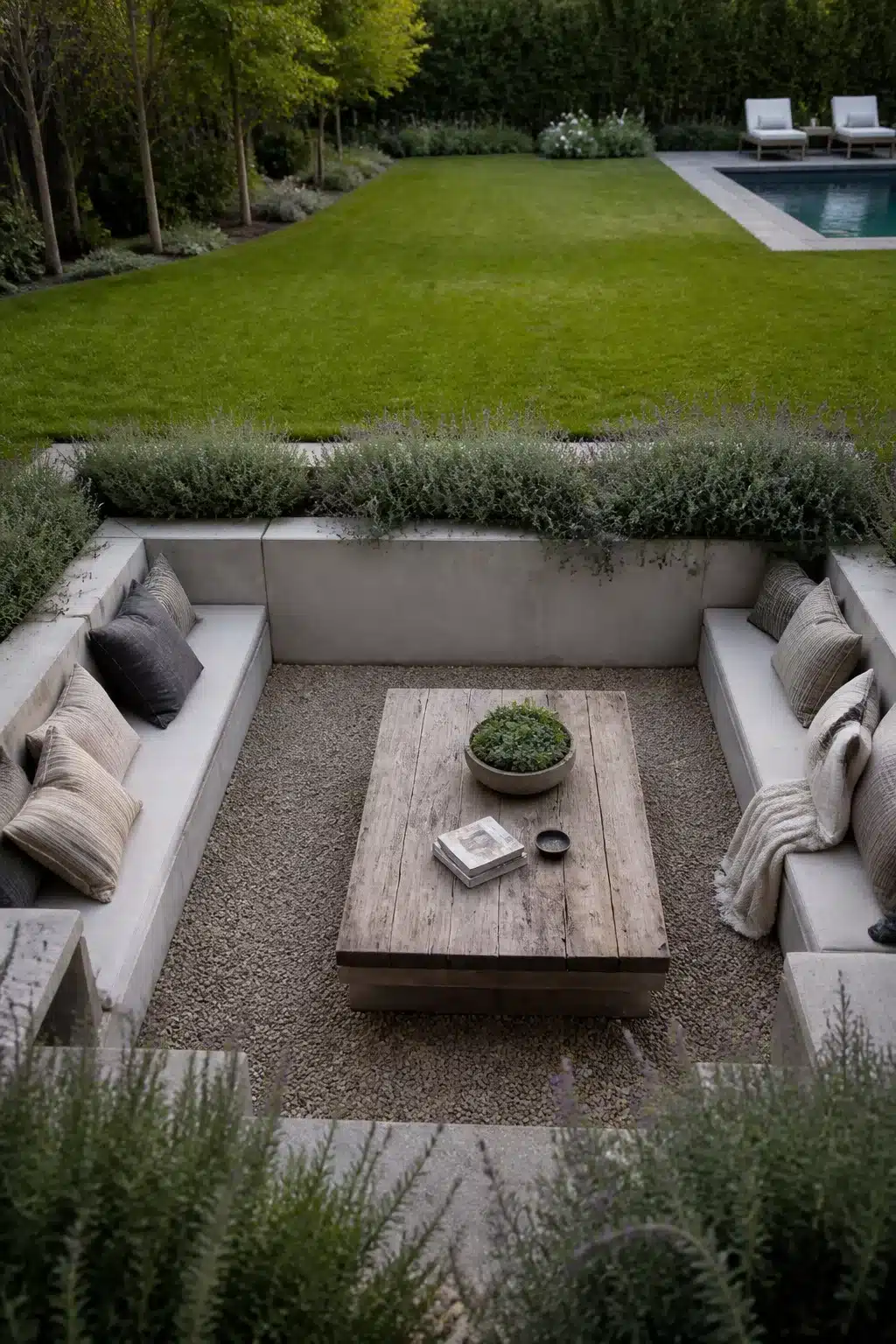 Sunken concrete seating area with reclaimed wood table — backyard landscaping designs with gravel floor and lavender borders