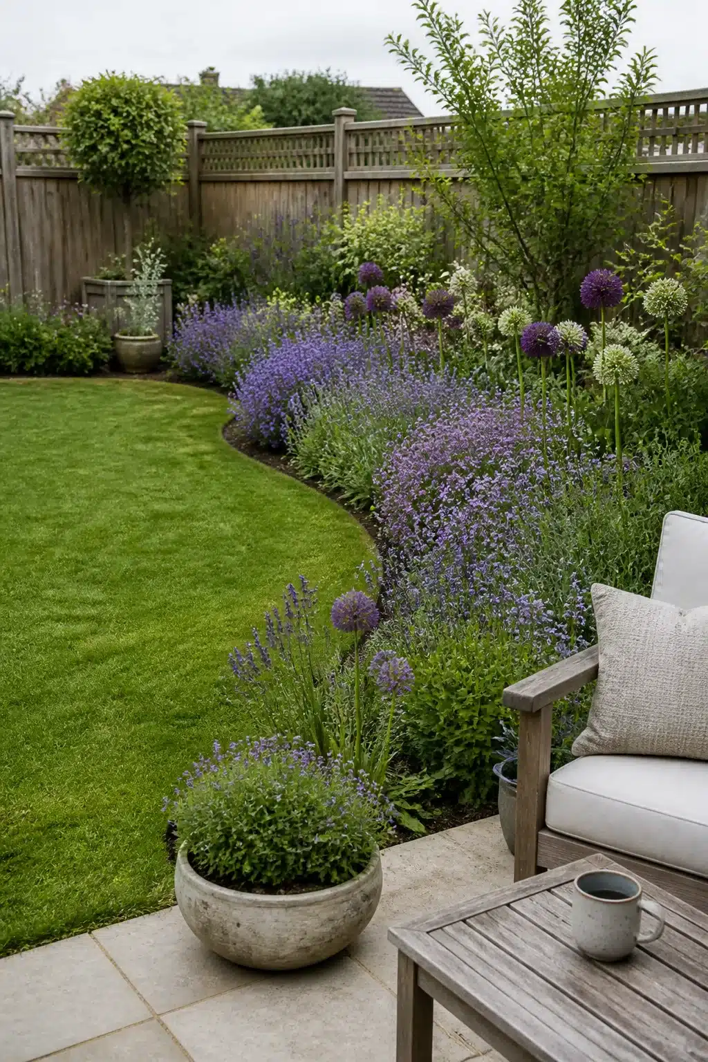 Curved backyard landscaping design with purple allium globes, catmint borders, and a smooth green lawn.