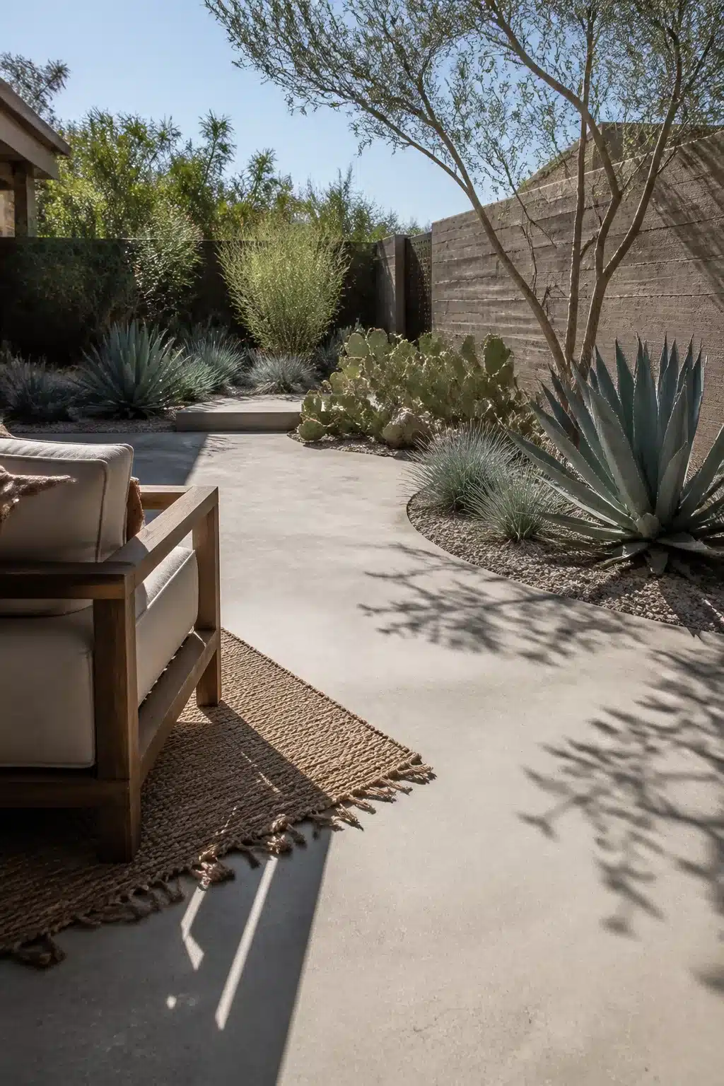 Concrete patio backyard landscaping design with agave, cactus, and desert plants in a modern outdoor space.