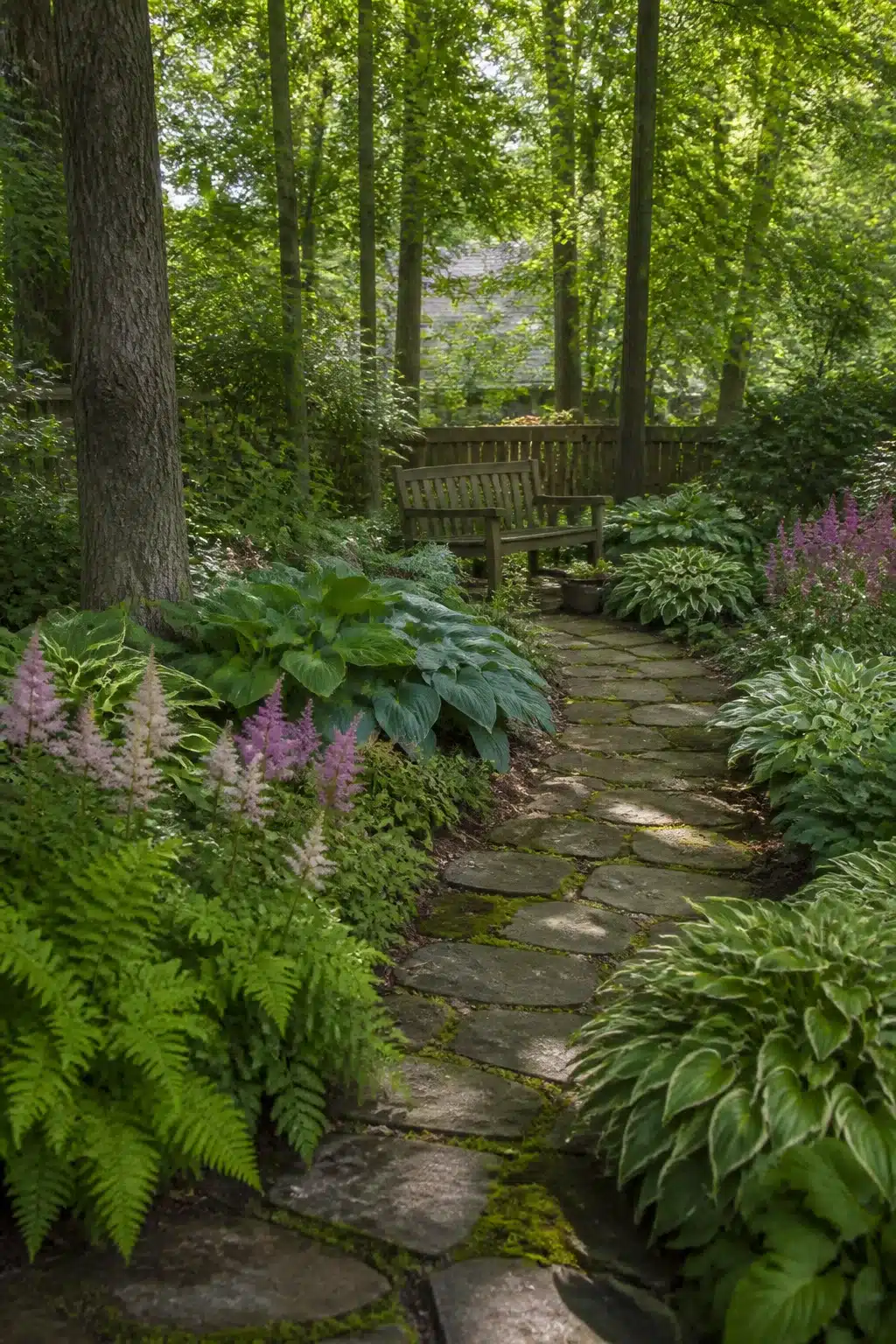 Flagstone path through a woodland shade garden with hostas and astilbe — Backyard Landscaping Designs
