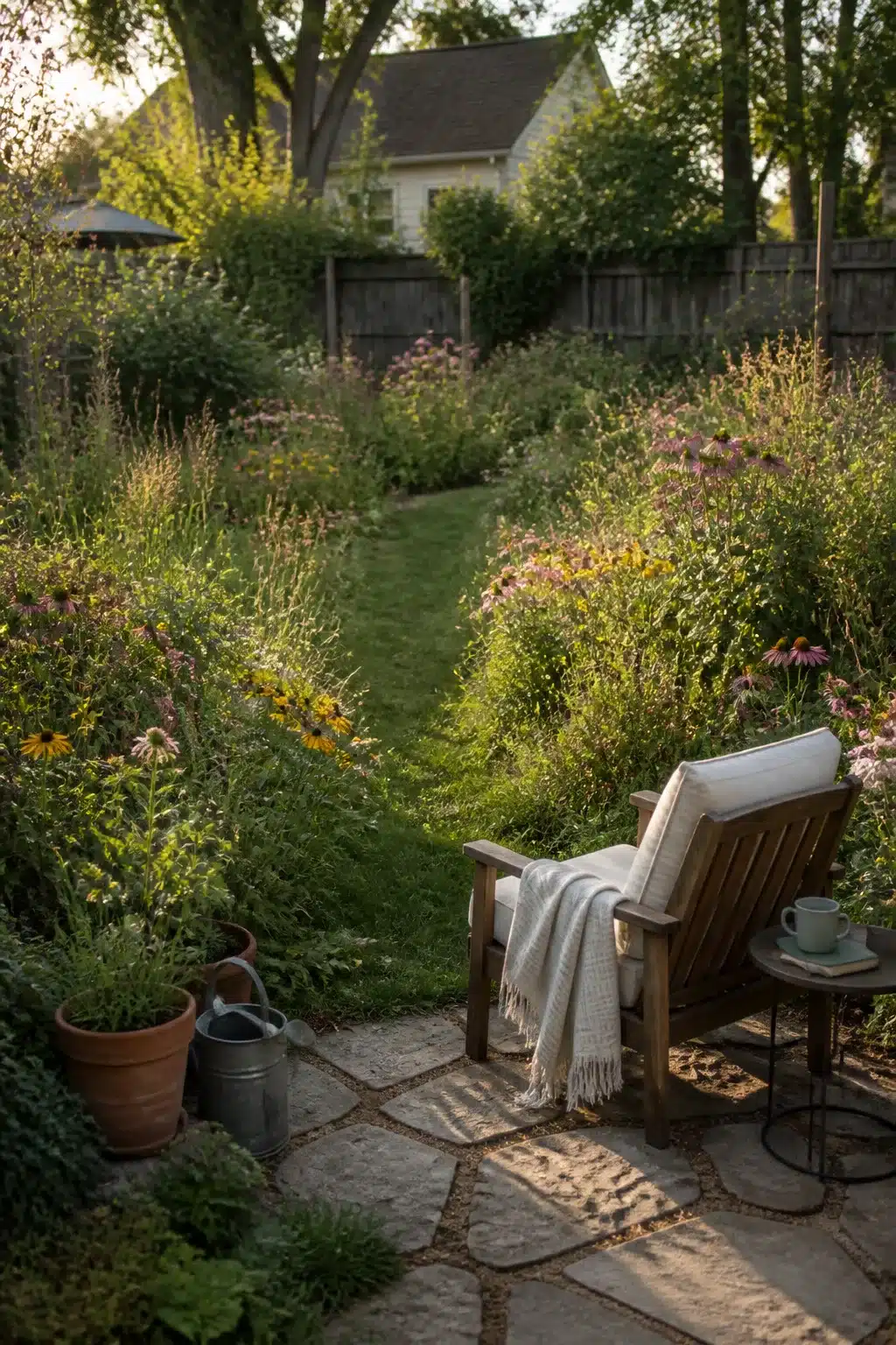 Wildflower border backyard landscaping design with stone patio seating, coneflowers, and a grass path at dusk.