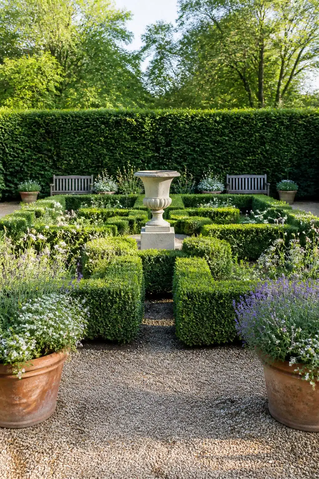Formal box parterre backyard landscaping design with stone urn, lavender, and gravel paths surrounded by tall hedges.