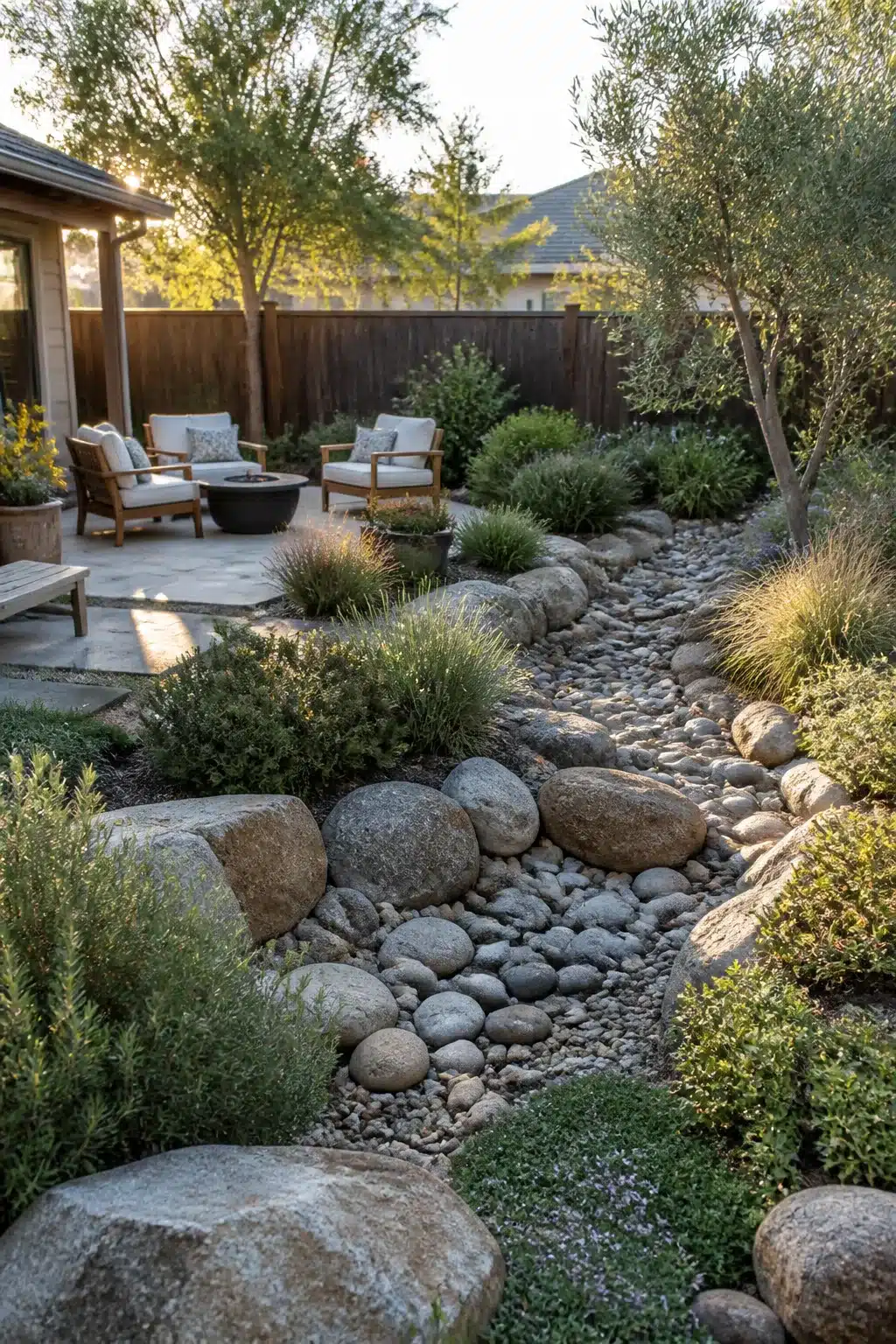 Dry creek bed with river boulders and drought-tolerant shrubs — backyard landscaping design idea