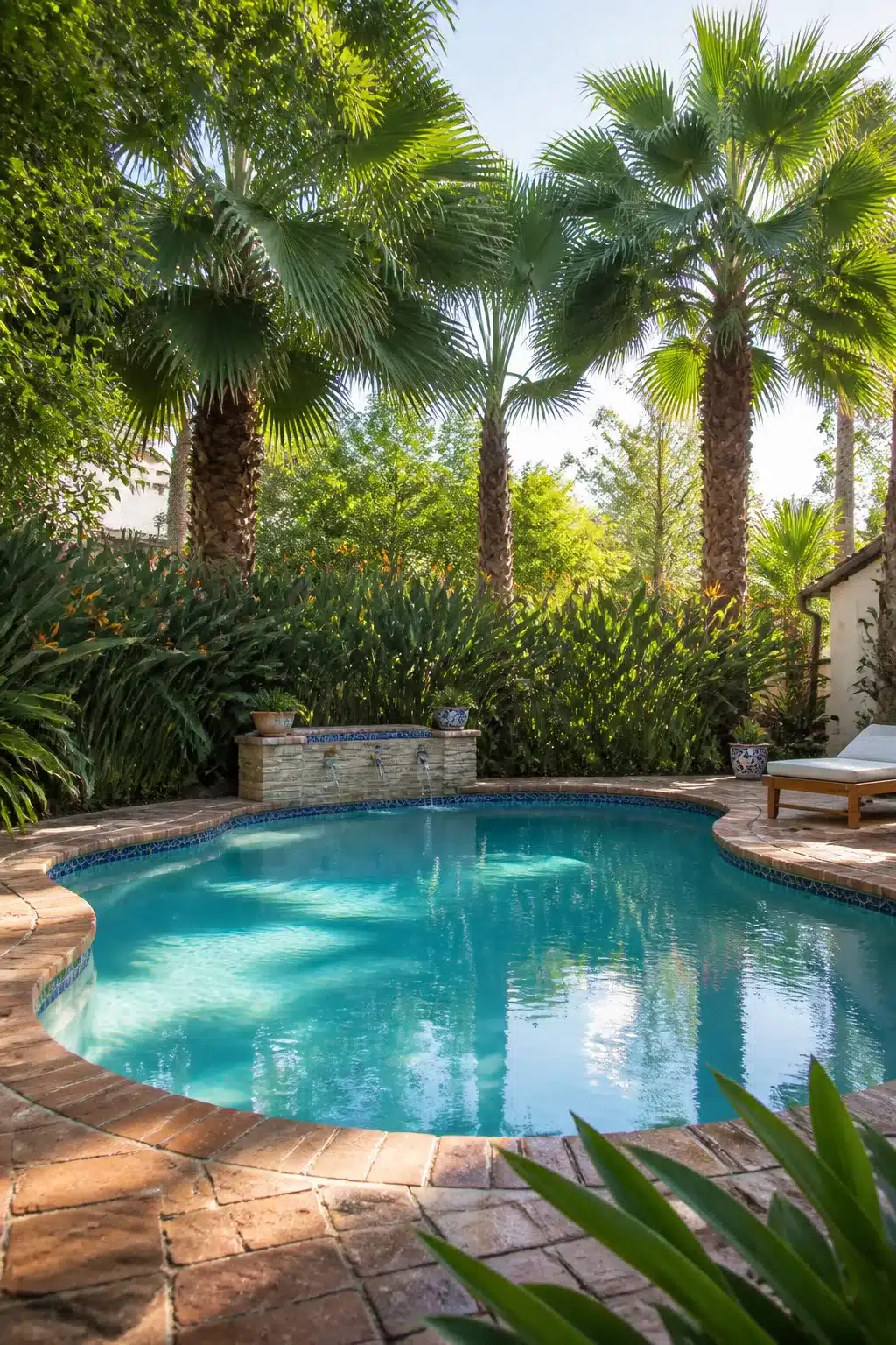 Backyard pool landscaping ideas with fan palms, blue tile coping, and lush tropical understory planting.
