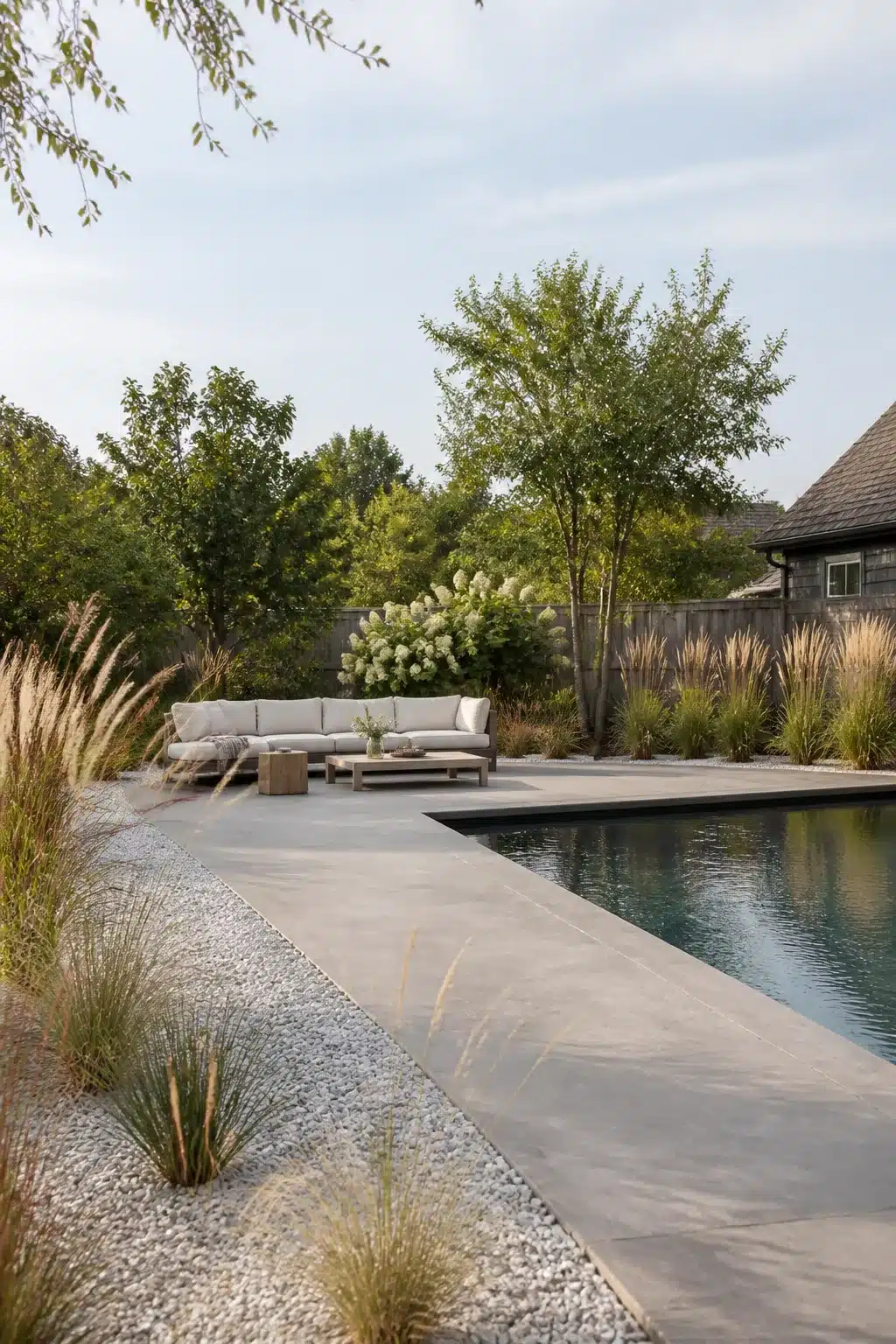 Backyard pool landscaping ideas with gravel border, ornamental grasses, and concrete coping surrounding a dark lap pool.