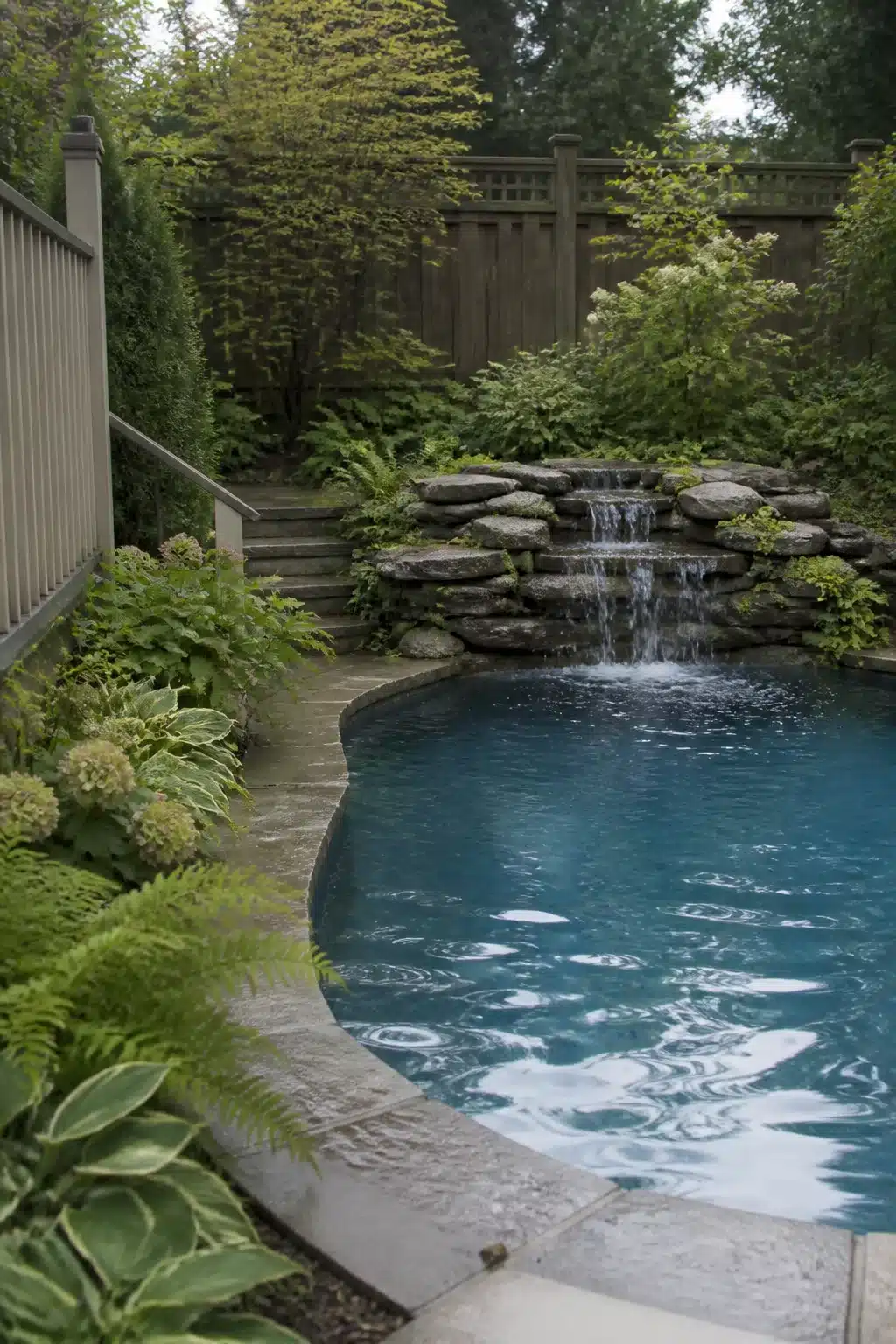 Stacked boulder waterfall with hostas and ferns around a backyard pool — natural landscaping ideas