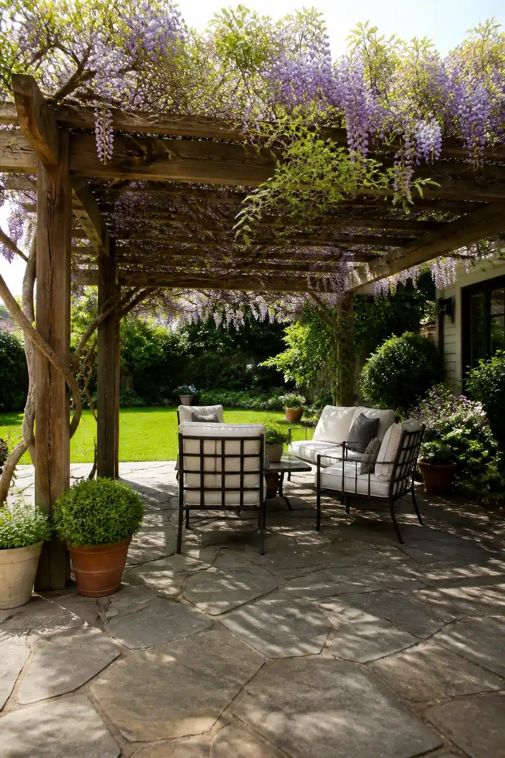 Rustic timber pergola covered in purple wisteria over a flagstone patio — backyard shade ideas with climbing vines.