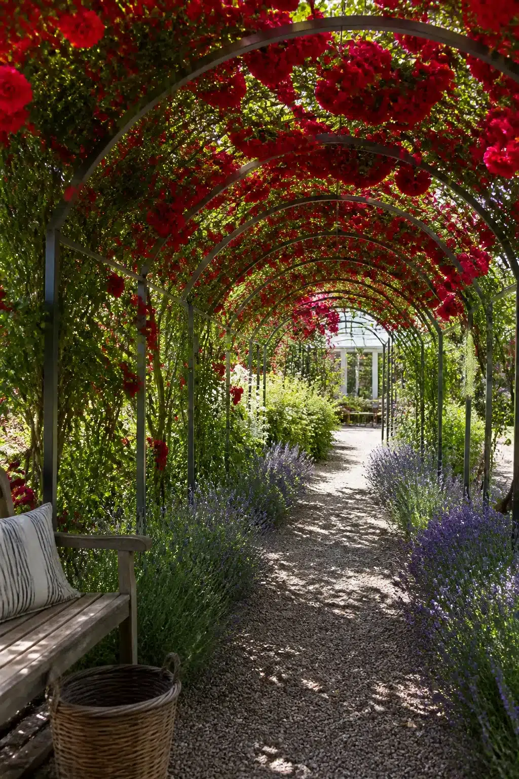 Red climbing rose arch tunnel with lavender border — backyard shade ideas for long garden paths