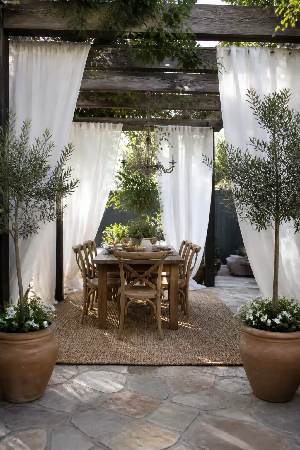 Backyard shade idea with white linen curtains on a dark wood pergola, round dining table, and olive trees in terracotta pots.
